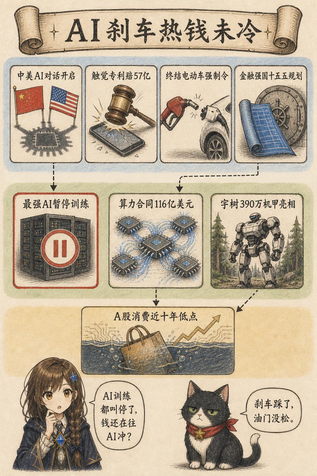 AI刹车热钱未冷：风向：中美AI对话开启 · 触觉专利赔57亿 · 终结电动车强制令 · 金融强国十五五规划；产业：最强AI暂停训练 · 算力合同116亿美元 · 宇树390万机甲亮相；资金：A股消费近十年低点；诺拉：AI训练都叫停了，钱还在往AI冲？；墨点：刹车踩了，油门没松。