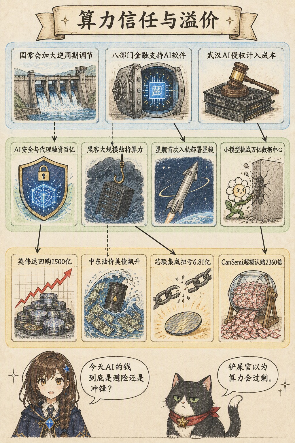 算力信任与溢价：风向：国常会加大逆周期调节 · 八部门金融支持AI软件 · 武汉AI侵权计入成本；产业：AI安全与代理融资百亿 · 黑客大规模劫持算力 · 星舰首次入轨部署星链 · 小模型挑战万亿数据中心；资金：英伟达回购1500亿 · 中东油价美债飙升 · 芯联集成扭亏6.81亿 · CanSemi超额认购2360倍；诺拉：今天AI的钱到底是避险还是冲锋？；墨点：铲屎官以为算力会过剩。