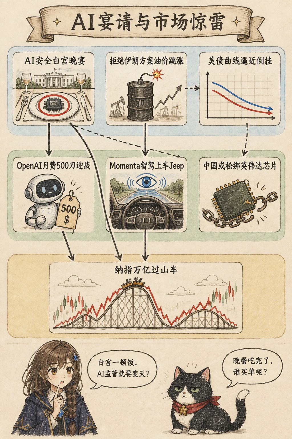 AI宴请与市场惊雷：风向：AI安全白宫晚宴 · 拒绝伊朗方案油价跳涨 · 美债曲线逼近倒挂；产业：OpenAI月费500刀迎战 · Momenta智驾上车Jeep · 中国或松绑英伟达芯片；资金：纳指万亿过山车；诺拉：白宫一顿饭，AI监管就要变天？；墨点：晚餐吃完了，谁买单呢？