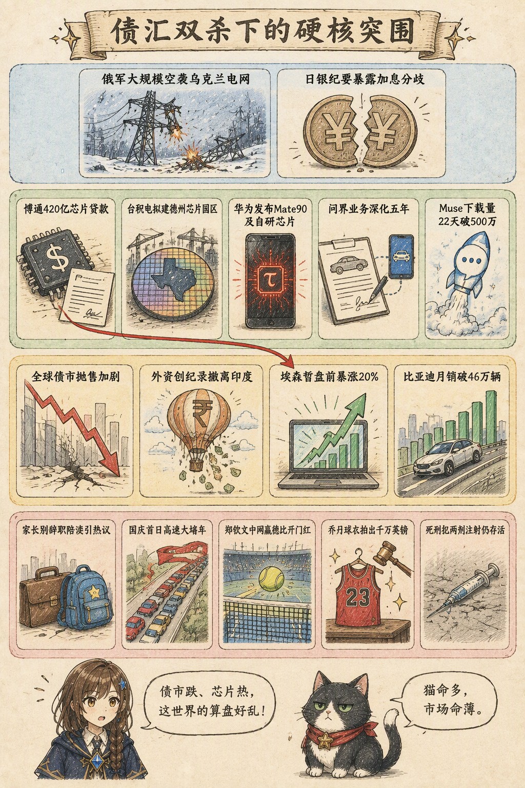 债汇双杀下的硬核突围：风向：俄军大规模空袭乌克兰电网 · 日银纪要暴露加息分歧；产业：博通420亿芯片贷款 · 台积电拟建德州芯片园区 · 华为发布Mate90及自研芯片 · 问界业务深化五年 · Muse下载量22天破500万；资金：全球债市抛售加剧 · 外资创纪录撤离印度 · 埃森哲盘前暴涨20% · 比亚迪月销破46万辆；热搜：家长别辞职陪读引热议 · 国庆首日高速大堵车 · 郑钦文中网赢德比开门红 · 乔丹球衣拍出千万英镑 · 死刑犯两剂注射仍存活；诺拉：债市跌、芯片热，这世界的算盘好乱！；墨点：猫命多，市场命薄。