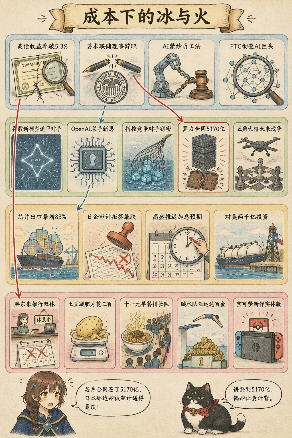 成本下的冰与火：风向：美债收益率破5.3% · 要求联储理事辞职 · AI禁炒员工法 · FTC彻查AI巨头；产业：谷歌新模型追平对手 · OpenAI联手新思 · 指控竞争对手窃密 · 算力合同5170亿 · 五角大楼未来战争；资金：芯片出口暴增83% · 日企审计拒签暴跌 · 高盛推迟加息预期 · 对美两千亿投资；热搜：胖东来推行双休 · 土豆减肥月花三百 · 十一元早餐排长队 · 跳水队亚运达百金 · 宝可梦新作实体版；诺拉：芯片合同签了5170亿，日本那边却被审计逼得暴跌！；墨点：饼画到5170亿，锅却让会计背。