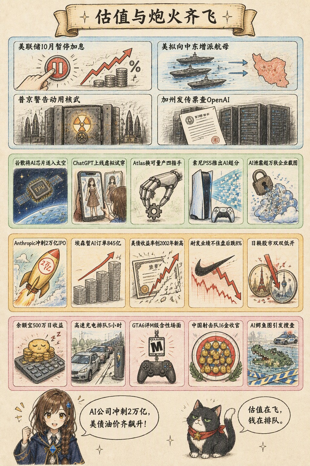 估值与炮火齐飞：风向：美联储10月暂停加息 · 美拟向中东增派航母 · 普京警告动用核武 · 加州发传票查OpenAI；产业：谷歌将AI芯片送入太空 · ChatGPT上线虚拟试穿 · Atlas换可量产四指手 · 索尼PS5推出AI超分 · AI泄露超万张企业截图；资金：Anthropic冲刺2万亿IPO · 埃森哲AI订单845亿 · 美债收益率创2002年新高 · 耐克业绩不佳盘后跌8% · 日韩股市双双低开；热搜：余额宝500万日收益 · 高速充电排队5小时 · GTA6评M级含性场面 · 中国射击队16金收官 · AI鳄鱼图引发搜查；诺拉：AI公司冲刺2万亿，美债油价齐飙升！；墨点：估值在飞，钱在排队。