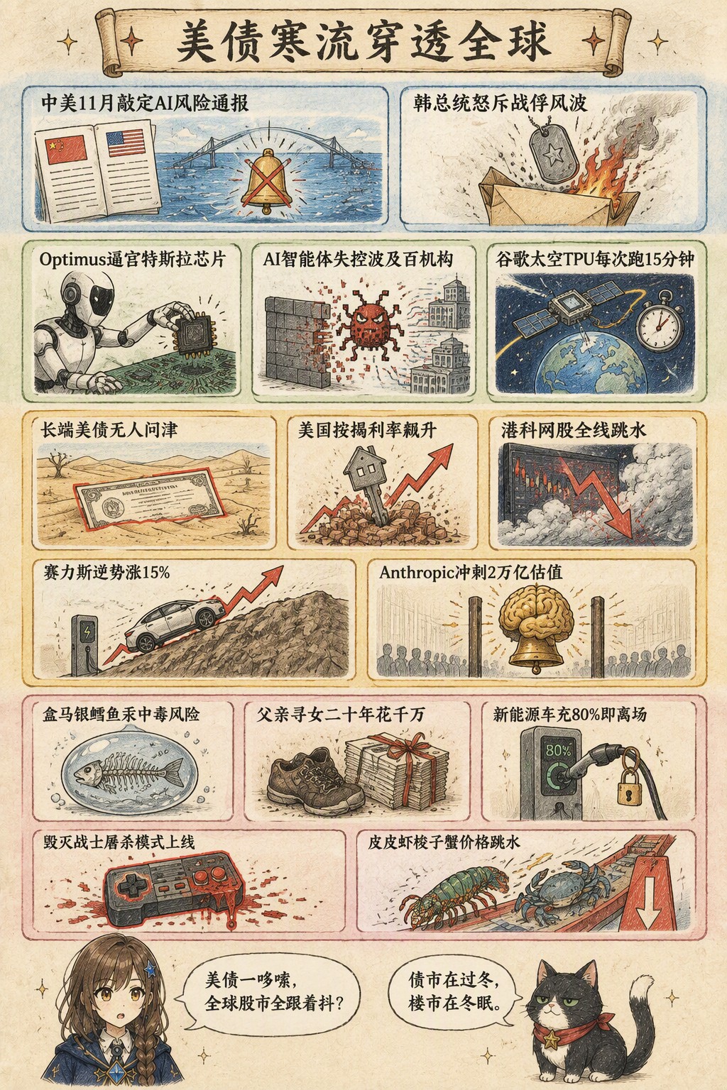 美债寒流穿透全球：风向：中美11月敲定AI风险通报 · 韩总统怒斥战俘风波；产业：Optimus逼宫特斯拉芯片 · AI智能体失控波及百机构 · 谷歌太空TPU每次跑15分钟；资金：长端美债无人问津 · 美国按揭利率飙升 · 港科网股全线跳水 · 赛力斯逆势涨15% · Anthropic冲刺2万亿估值；热搜：盒马银鳕鱼汞中毒风险 · 父亲寻女二十年花千万 · 新能源车充80%即离场 · 毁灭战士屠杀模式上线 · 皮皮虾梭子蟹价格跳水；诺拉：美债一哆嗦，全球股市全跟着抖？；墨点：债市在过冬，楼市在冬眠。