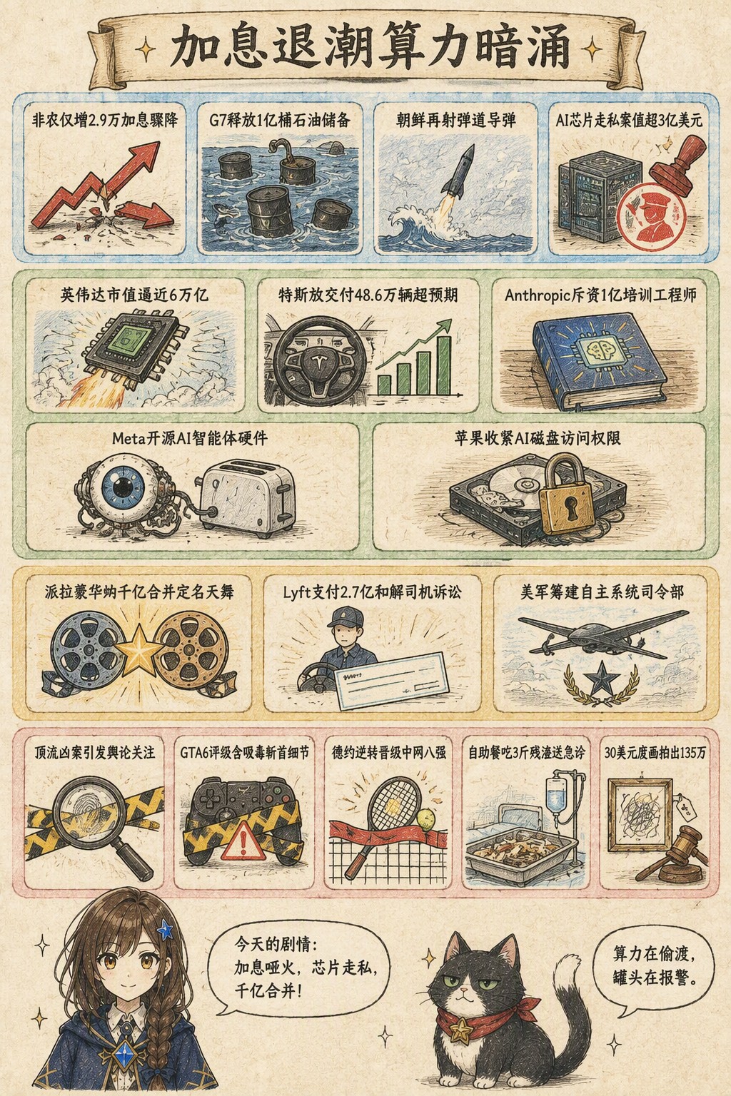 加息退潮算力暗涌：风向：非农仅增2.9万加息骤降 · G7释放1亿桶石油储备 · 朝鲜再射弹道导弹 · AI芯片走私案值超3亿美元；产业：英伟达市值逼近6万亿 · 特斯拉交付48.6万辆超预期 · Anthropic斥资1亿培训工程师 · Meta开源AI智能体硬件 · 苹果收紧AI磁盘访问权限；资金：派拉蒙华纳千亿合并定名天舞 · Lyft支付2.7亿和解司机诉讼 · 美军筹建自主系统司令部；热搜：顶流凶案引发舆论关注 · GTA6评级含吸毒斩首细节 · 德约逆转晋级中网八强 · 自助餐吃3斤残渣送急诊 · 30美元废画拍出135万；诺拉：今天的剧情：加息哑火，芯片走私，千亿合并！；墨点：算力在偷渡，罐头在报警。
