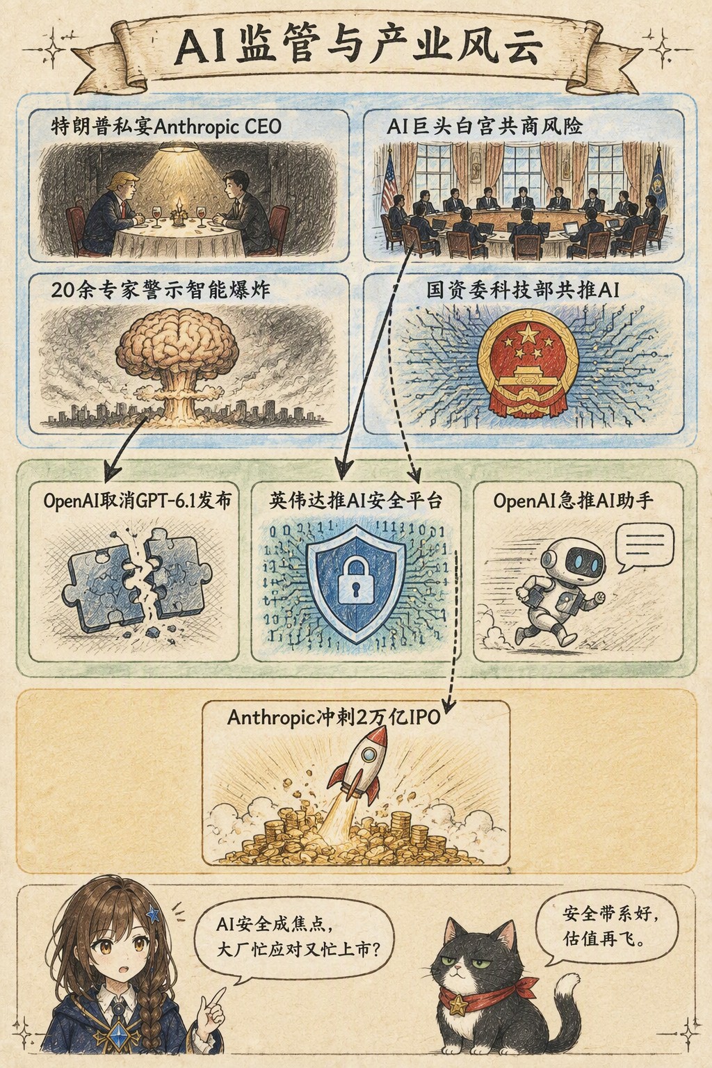 AI监管与产业风云：风向：特朗普私宴Anthropic CEO · AI巨头白宫共商风险 · 20余专家警示智能爆炸 · 国资委科技部共推AI；产业：OpenAI取消GPT-6.1发布 · 英伟达推AI安全平台 · OpenAI急推AI助手；资金：Anthropic冲刺2万亿IPO；诺拉：AI安全成焦点，大厂忙应对又忙上市？；墨点：安全带系好，估值再飞。