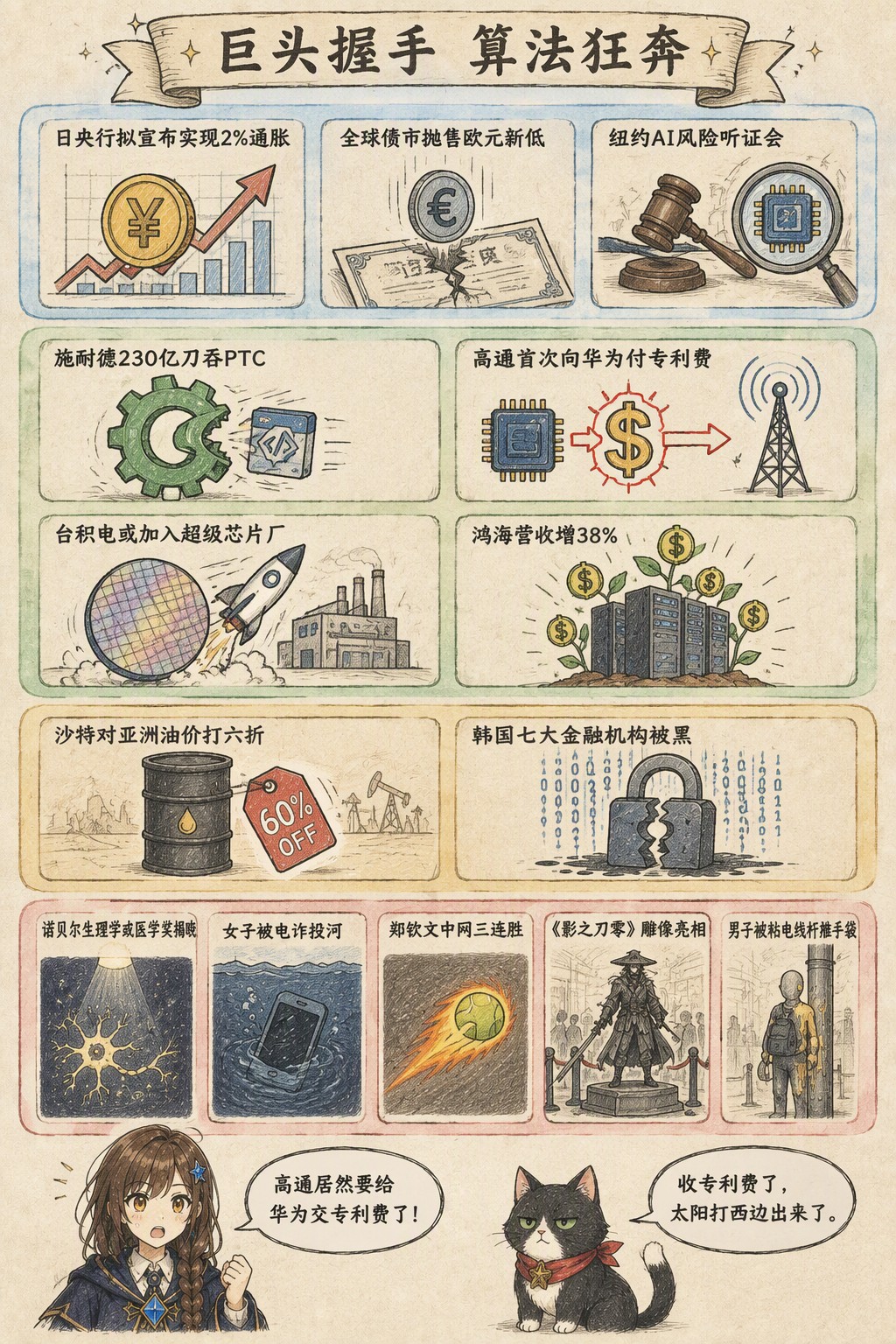 巨头握手 算法狂奔：风向：日央行拟宣布实现2%通胀 · 全球债市抛售欧元新低 · 纽约AI风险听证会；产业：施耐德230亿刀吞PTC · 高通首次向华为付专利费 · 台积电或加入超级芯片厂 · 鸿海营收增38%；资金：沙特对亚洲油价打六折 · 韩国七大金融机构被黑；热搜：诺贝尔生理学或医学奖揭晓 · 女子被电诈投河 · 郑钦文中网三连胜 · 《影之刃零》雕像亮相 · 男子被粘电线杆推手袋；诺拉：高通居然要给华为交专利费了！；墨点：收专利费了，太阳打西边出来了。