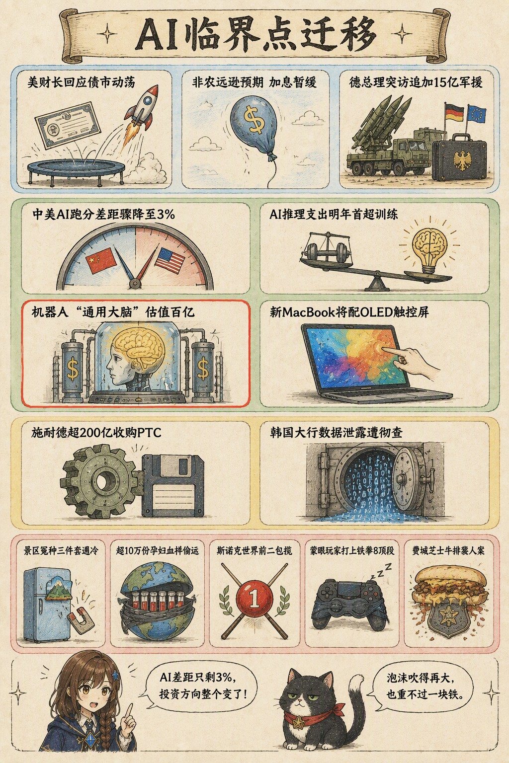 AI临界点迁移：风向：美财长回应债市动荡 · 非农远逊预期 加息暂缓 · 德总理突访追加15亿军援；产业：中美AI跑分差距骤降至3% · AI推理支出明年首超训练 · 机器人“通用大脑”估值百亿 · 新MacBook将配OLED触控屏；资金：施耐德超200亿收购PTC · 韩国大行数据泄露遭彻查；热搜：景区冤种三件套遇冷 · 超10万份孕妇血样偷运 · 斯诺克世界前二包揽 · 蒙眼玩家打上铁拳8顶段 · 费城芝士牛排袭人案；诺拉：AI差距只剩3%，投资方向整个变了！；墨点：泡沫吹得再大，也重不过一块铁。