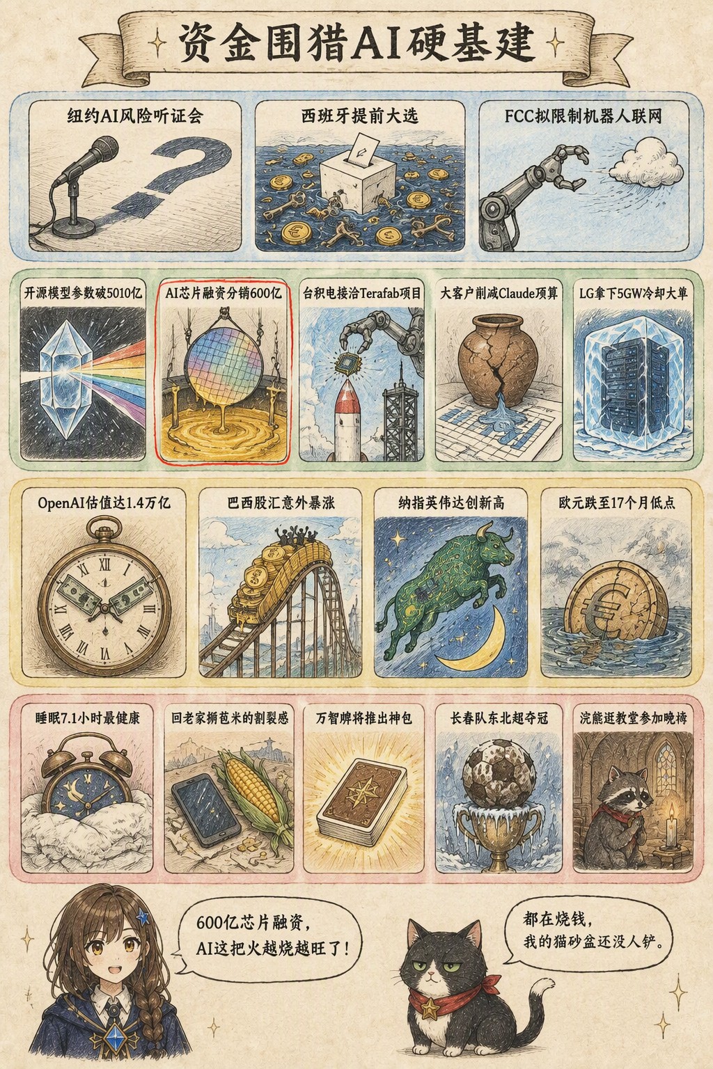 资金围猎AI硬基建：风向：纽约AI风险听证会 · 西班牙提前大选 · FCC拟限制机器人联网；产业：开源模型参数破5010亿 · AI芯片融资分销600亿 · 台积电接洽Terafab项目 · 大客户削减Claude预算 · LG拿下5GW冷却大单；资金：OpenAI估值达1.4万亿 · 巴西股汇意外暴涨 · 纳指英伟达创新高 · 欧元跌至17个月低点；热搜：睡眠7.1小时最健康 · 回老家掰苞米的割裂感 · 万智牌将推出神包 · 长春队东北超夺冠 · 浣熊逛教堂参加晚祷；诺拉：600亿芯片融资，AI这把火越烧越旺了！；墨点：都在烧钱，我的猫砂盆还没人铲。