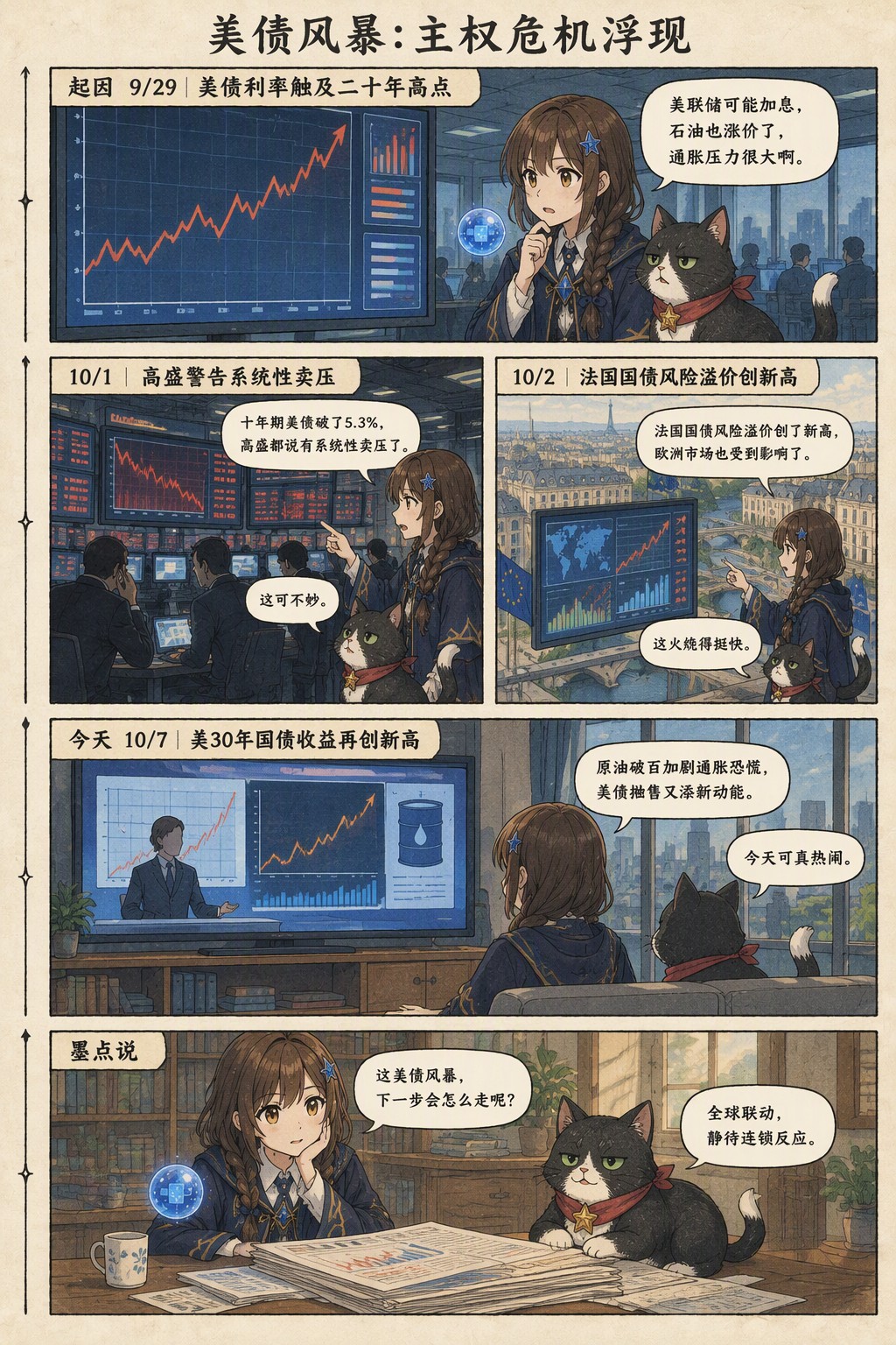 美债风暴：主权危机浮现：起因 9/29｜美债利率触及二十年高点　诺拉：美联储可能加息，石油也涨价了，通胀压力很大啊。；10/1｜高盛警告系统性卖压　诺拉：十年期美债破了5.3%，高盛都说有系统性卖压了。　墨点：这可不妙。；10/2｜法国国债风险溢价创新高　诺拉：法国国债风险溢价创了新高，欧洲市场也受到影响了。　墨点：这火烧得挺快。；今天 10/7｜美30年国债收益再创新高　诺拉：原油破百加剧通胀恐慌，美债抛售又添新动能。　墨点：今天可真热闹。；墨点说　诺拉：这美债风暴，下一步会怎么走呢？　墨点：全球联动，静待连锁反应。