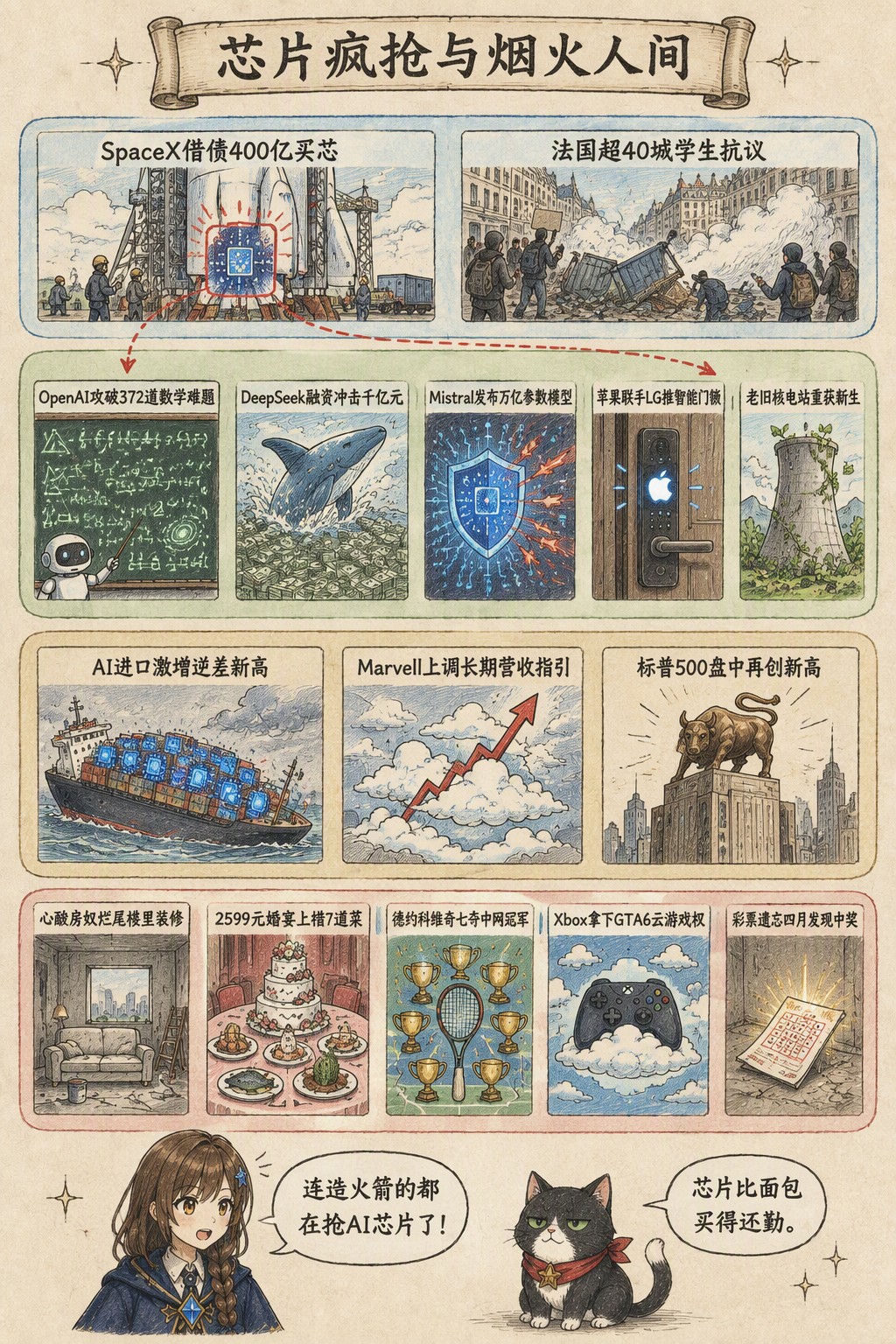 芯片疯抢与烟火人间：风向：SpaceX借债400亿买芯 · 法国超40城学生抗议；产业：OpenAI攻破372道数学难题 · DeepSeek融资冲击千亿元 · Mistral发布万亿参数模型 · 苹果联手LG推智能门锁 · 老旧核电站重获新生；资金：AI进口激增逆差新高 · Marvell上调长期营收指引 · 标普500盘中再创新高；热搜：心酸房奴烂尾楼里装修 · 2599元婚宴上错7道菜 · 德约科维奇七夺中网冠军 · Xbox拿下GTA6云游戏权 · 彩票遗忘四月发现中奖；诺拉：连造火箭的都在抢AI芯片了！；墨点：芯片比面包买得还勤。