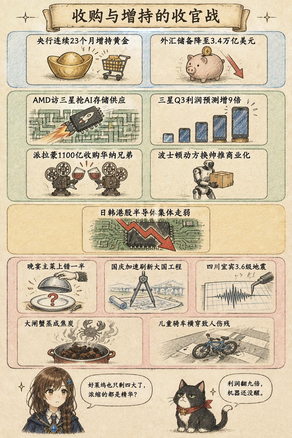 收购与增持的收官战：风向：央行连续23个月增持黄金 · 外汇储备降至3.4万亿美元；产业：AMD访三星抢AI存储供应 · 三星Q3利润预测增9倍 · 派拉蒙1100亿收购华纳兄弟 · 波士顿动力换帅推商业化；资金：日韩港股半导体集体走弱；热搜：晚宴主菜上错一半 · 国庆加速刷新大国工程 · 四川宜宾3.6级地震 · 大闸蟹蒸成焦炭 · 儿童骑车横穿致人伤残；诺拉：好莱坞也只剩四大了，浓缩的都是精华？；墨点：利润翻九倍，机器还没醒。