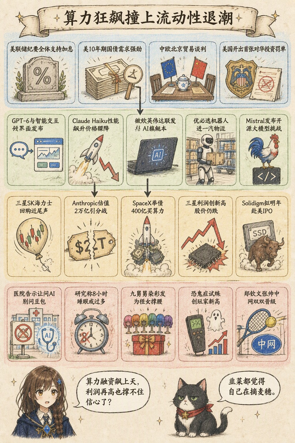 算力狂飙撞上流动性退潮：风向：美联储纪要全体支持加息 · 美10年期国债需求强劲 · 中欧北京贸易谈判 · 美国开出首张对华投资罚单；产业：GPT-6与智能交互界面发布 · Claude Haiku性能飙升价格骤降 · 微软英伟达联发AI旗舰本 · 优必选机器人进一汽物流 · Mistral发布开源大模型挑战；资金：三星SK海力士回购近尾声 · Anthropic估值2万亿引分歧 · SpaceX举债400亿买算力 · 三星利润创新高股价仍跌 · Solidigm拟明年赴美IPO；热搜：医院告示让问AI别问豆包 · 研究称8小时睡眠或过多 · 九舅舅染彩发为侄女撑腰 · 恐鬼症试炼创玩家新高 · 郑钦文张帅中网双双晋级；诺拉：算力融资飙上天，利润再高也撑不住信心了？；墨点：韭菜都觉得自己在摘麦穗。