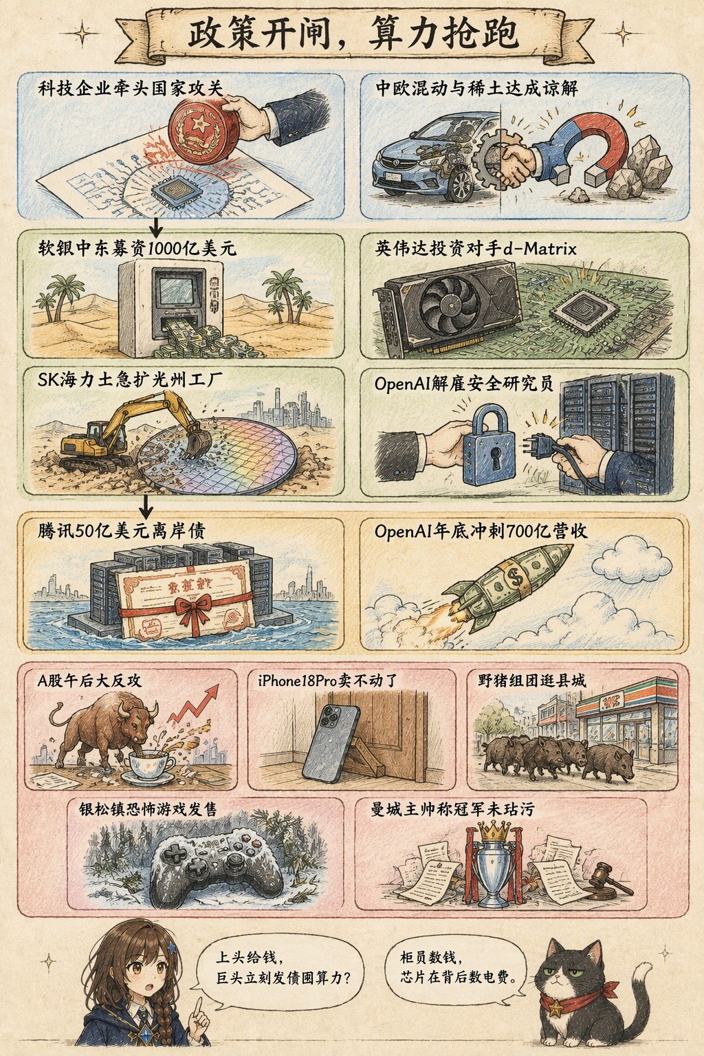 政策开闸，算力抢跑：风向：科技企业牵头国家攻关 · 中欧混动与稀土达成谅解；产业：软银中东募资1000亿美元 · 英伟达投资对手d-Matrix · SK海力士急扩光州工厂 · OpenAI解雇安全研究员；资金：腾讯50亿美元离岸债 · OpenAI年底冲刺700亿营收；热搜：A股午后大反攻 · iPhone18Pro卖不动了 · 野猪组团逛县城 · 银松镇恐怖游戏发售 · 曼城主帅称冠军未玷污；诺拉：上头给钱，巨头立刻发债囤算力？；墨点：柜员数钱，芯片在背后数电费。