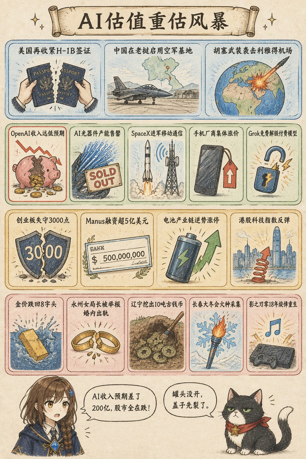 AI估值重估风暴：风向：美国再收紧H-1B签证 · 中国在老挝启用空军基地 · 胡塞武装袭击利雅得机场；产业：OpenAI收入远低预期 · AI光器件产能售罄 · SpaceX进军移动通信 · 手机厂商集体涨价 · Grok免费解锁付费模型；资金：创业板失守3000点 · Manus融资超5亿美元 · 电池产业链逆势涨停 · 港股科技指数反弹；热搜：金价跌回8字头 · 永州女局长被举报婚内出轨 · 辽宁挖出10吨古钱币 · 长春大冬会火种采集 · 影之刃零18年旋律重生；诺拉：AI收入预期差了200亿，股市全在跌！；墨点：罐头没开，盖子先裂了。