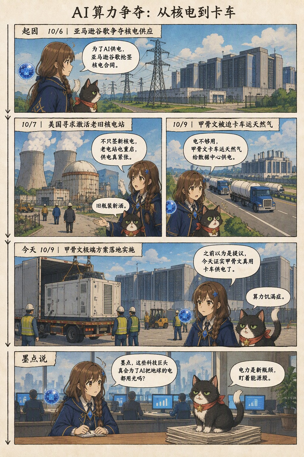 AI算力争夺：从核电到卡车：起因 10/6｜亚马逊谷歌争夺核电供应　诺拉：为了AI供电，亚马逊谷歌抢签核电合同。；10/7｜美国寻求激活老旧核电站　诺拉：不只签新核电，老电站也重启，供电真紧张。　墨点：旧瓶装新酒。；10/9｜甲骨文被迫卡车运天然气　诺拉：电不够用，甲骨文卡车运天然气给数据中心供电。；今天 10/9｜甲骨文极端方案落地实施　诺拉：之前以为是提议，今天证实甲骨文真用卡车供电了。　墨点：算力饥渴症。；墨点说　诺拉：墨点，这些科技巨头真会为了AI把地球的电都用光吗？　墨点：电力是新瓶颈，盯着能源股。