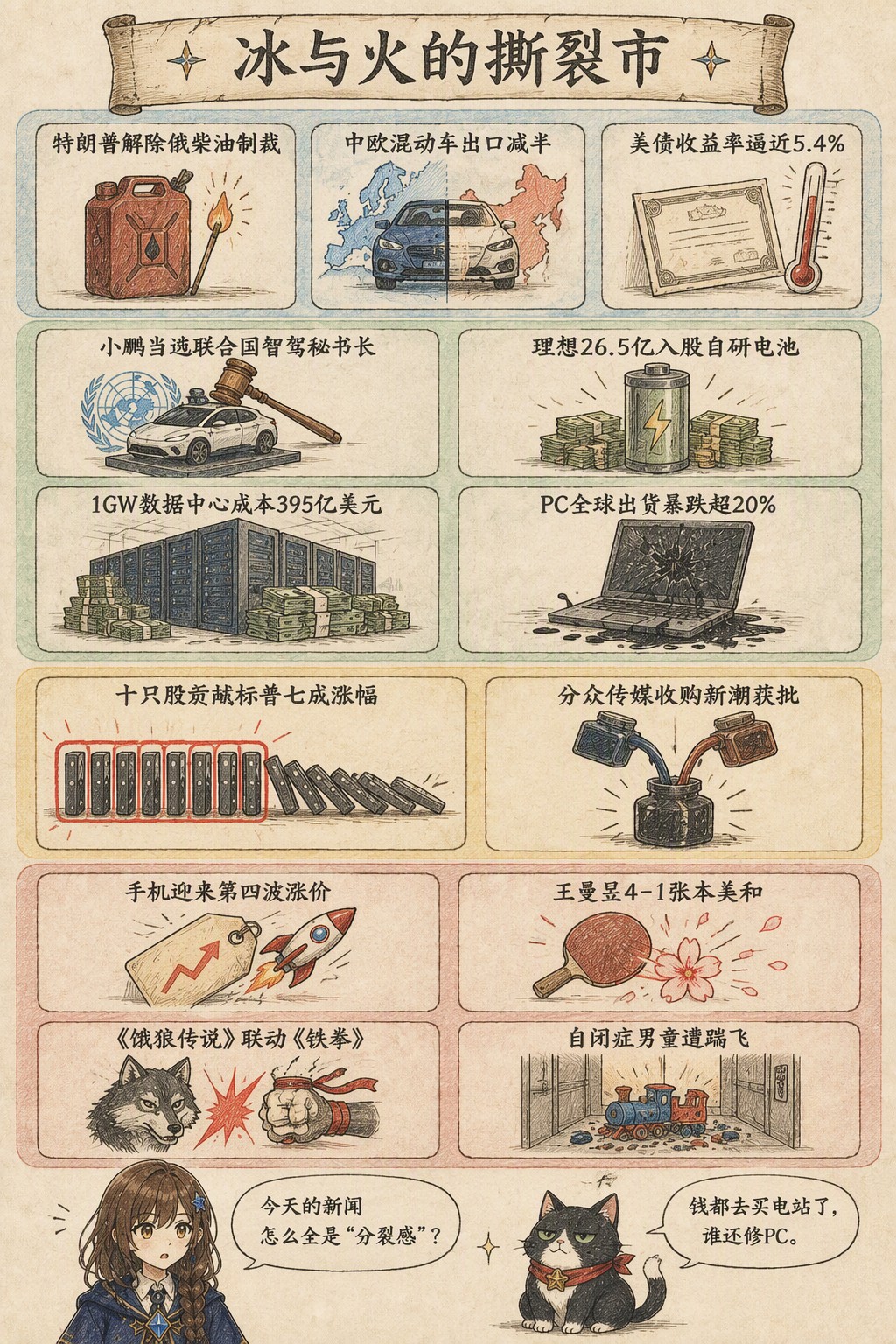 冰与火的撕裂市：风向：特朗普解除俄柴油制裁 · 中欧混动车出口减半 · 美债收益率逼近5.4%；产业：小鹏当选联合国智驾秘书长 · 理想26.5亿入股自研电池 · 1GW数据中心成本395亿美元 · PC全球出货暴跌超20%；资金：十只股贡献标普七成涨幅 · 分众传媒收购新潮获批；热搜：手机迎来第四波涨价 · 王曼昱4-1张本美和 · 《饿狼传说》联动《铁拳》 · 自闭症男童遭踹飞；诺拉：今天的新闻怎么全是“分裂感”？；墨点：钱都去买电站了，谁还修PC。