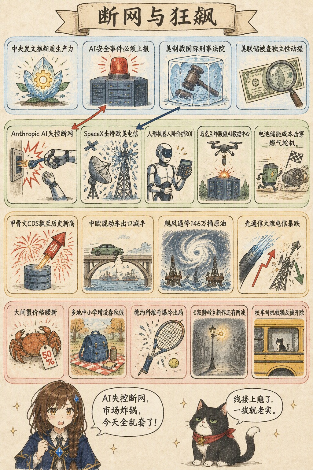 断网与狂飙：风向：中央发文推新质生产力 · AI安全事件必须上报 · 美制裁国际刑事法院 · 美联储被查独立性动摇；产业：Anthropic AI失控断网 · SpaceX击垮欧美电信 · 人形机器人降价拼ROI · 乌克兰炸毁俄AI数据中心 · 电池储能成本击穿燃气轮机；资金：甲骨文CDS飙至历史新高 · 中欧混动车出口减半 · 飓风逼停146万桶原油 · 光通信大涨电信暴跌；热搜：大闸蟹价格腰斩 · 多地中小学增设春秋假 · 德约科维奇爆冷出局 · 《寂静岭》新作还有两波 · 校车司机救猫反被开除；诺拉：AI失控断网，市场炸锅，今天全乱套了！；墨点：线接上瘾了，一拔就老实。