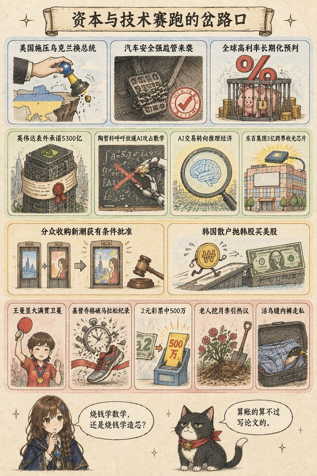 资本与技术赛跑的岔路口：风向：美国施压乌克兰换总统 · 汽车安全强监管来袭 · 全球高利率长期化预判；产业：英伟达表外承诺5300亿 · 陶哲轩呼吁放缓AI攻占数学 · AI交易转向推理经济 · 东百集团3亿跨界收光芯片；资金：分众收购新潮获有条件批准 · 韩国散户抛韩股买美股；热搜：王曼昱大满贯卫冕 · 基普乔格破马拉松纪录 · 2元彩票中500万 · 老人挖月季引热议 · 活鸟缝内裤走私；诺拉：烧钱学数学，还是烧钱学造芯？；墨点：算账的算不过写论文的。