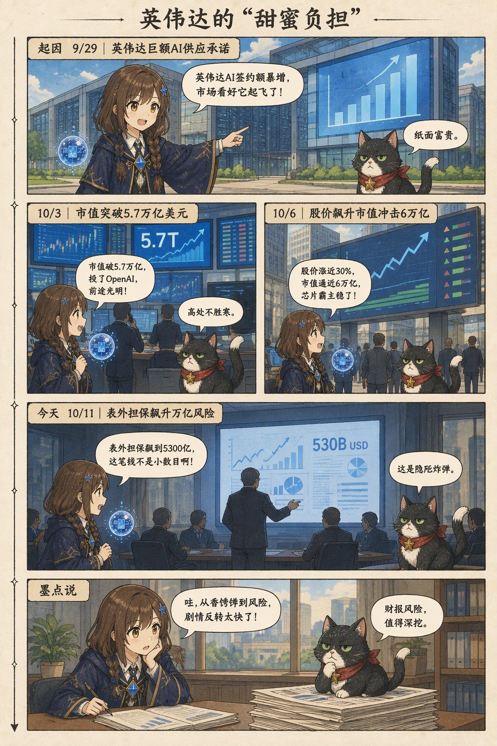英伟达的“甜蜜负担”：起因 9/29｜英伟达巨额AI供应承诺　诺拉：英伟达AI签约额暴增，市场看好它起飞了！　墨点：纸面富贵。；10/3｜市值突破5.7万亿美元　诺拉：市值破5.7万亿，投了OpenAI，前途光明！　墨点：高处不胜寒。；10/6｜股价飙升市值冲击6万亿　诺拉：股价涨近30%，市值逼近6万亿，芯片霸主稳了！；今天 10/11｜表外担保飙升万亿风险　诺拉：表外担保飙到5300亿，这笔钱不是小数目啊！　墨点：这是隐形炸弹。；墨点说　诺拉：哇，从香饽饽到风险，剧情反转太快了！　墨点：财报风险，值得深挖。