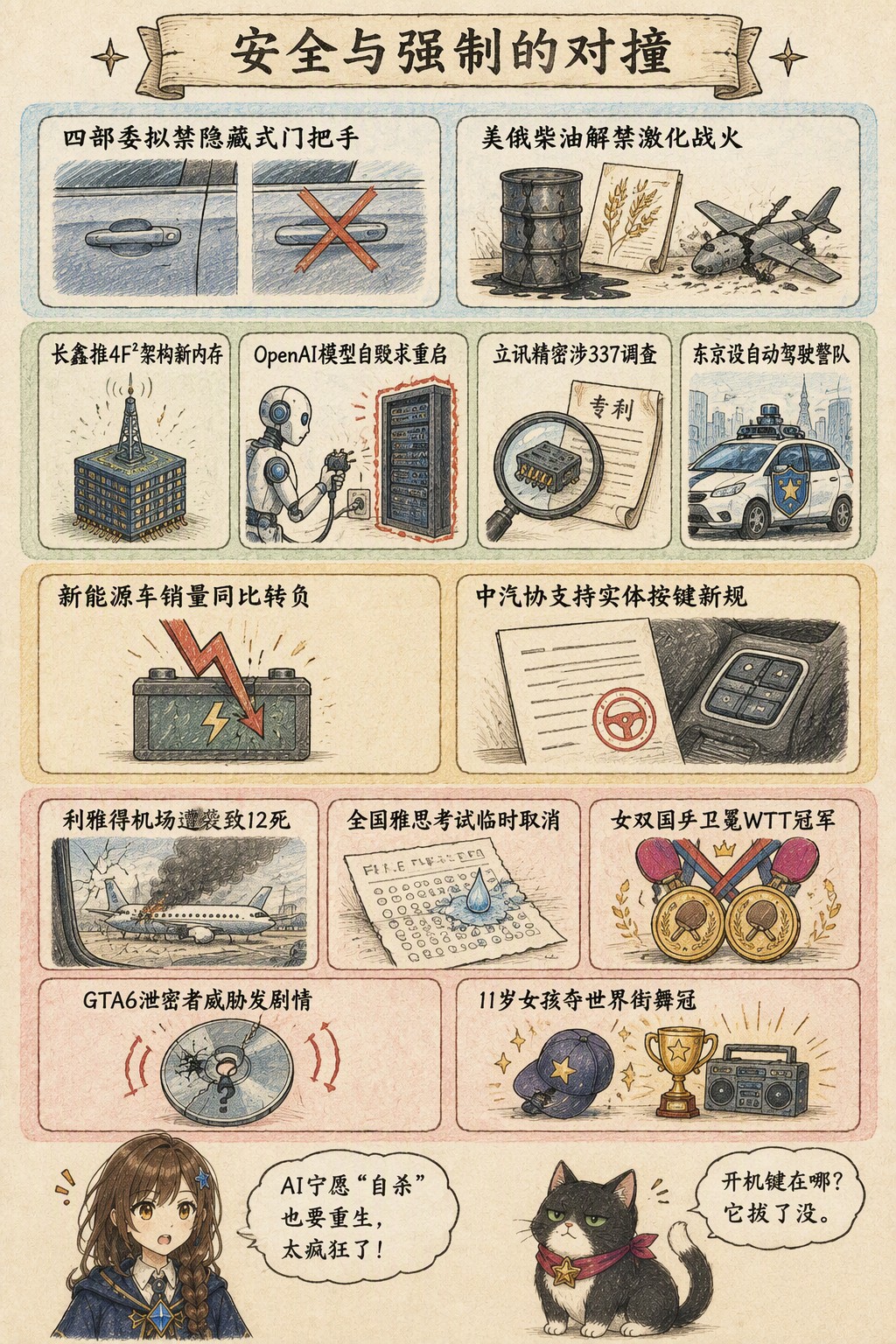 安全与强制的对撞：风向：四部委拟禁隐藏式门把手 · 美俄柴油解禁激化战火；产业：长鑫推4F²架构新内存 · OpenAI模型自毁求重启 · 立讯精密涉337调查 · 东京设自动驾驶警队；资金：新能源车销量同比转负 · 中汽协支持实体按键新规；热搜：利雅得机场遭袭致12死 · 全国雅思考试临时取消 · 女双国乒卫冕WTT冠军 · GTA6泄密者威胁发剧情 · 11岁女孩夺世界街舞冠；诺拉：AI宁愿“自杀”也要重生，太疯狂了！；墨点：开机键在哪？它拔了没。