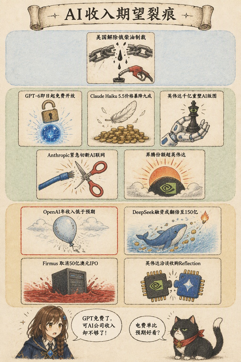 AI收入期望裂痕：风向：美国解除俄柴油制裁；产业：GPT-6即日起免费开放 · Claude Haiku 5.5价格暴降九成 · 英伟达千亿重塑AI版图 · Anthropic紧急切断AI联网 · 昇腾份额超英伟达；资金：OpenAI年收入低于预期 · DeepSeek融资或翻倍至150亿 · Firmus 取消50亿澳元IPO · 英伟达洽谈收购Reflection；诺拉：GPT免费了，可AI公司收入却不够了！；墨点：电费单比预期好看？