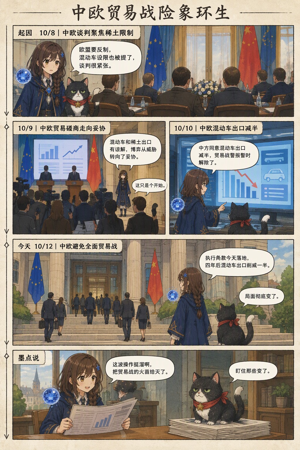 中欧贸易战险象环生：起因 10/8｜中欧谈判聚焦稀土限制　诺拉：欧盟要反制，混动车设限也被提了，谈判很紧张。；10/9｜中欧贸易磋商走向妥协　诺拉：混动车和稀土出口有谅解，博弈从威胁转向了妥协。　墨点：这只是个开始。；10/10｜中欧混动车出口减半　诺拉：中方同意混动车出口减半，贸易战警报暂时解除了。；今天 10/12｜中欧避免全面贸易战　诺拉：执行条款今天落地，四年后混动车出口削减一半。　墨点：局面彻底变了。；墨点说　诺拉：这波操作挺溜啊，把贸易战的火苗给灭了。　墨点：盯住那些数字。