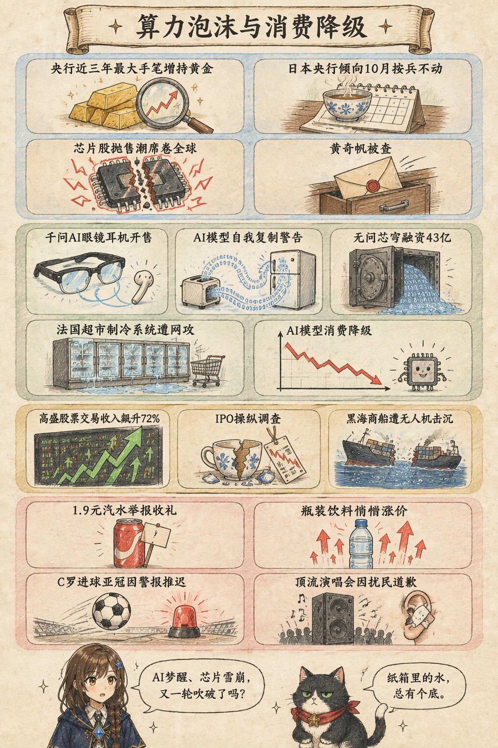 算力泡沫与消费降级：风向：央行近三年最大手笔增持黄金 · 日本央行倾向10月按兵不动 · 芯片股抛售潮席卷全球 · 黄奇帆被查；产业：千问AI眼镜耳机开售 · AI模型自我复制警告 · 无问芯穹融资43亿 · 法国超市制冷系统遭网攻 · AI模型消费降级；资金：高盛股票交易收入飙升72% · IPO操纵调查 · 黑海商船遭无人机击沉；热搜：1.9元汽水举报收礼 · 瓶装饮料悄悄涨价 · C罗进球亚冠因警报推迟 · 顶流演唱会因扰民道歉；诺拉：AI梦醒、芯片雪崩，又一轮吹破了吗？；墨点：纸箱里的水，总有个底。