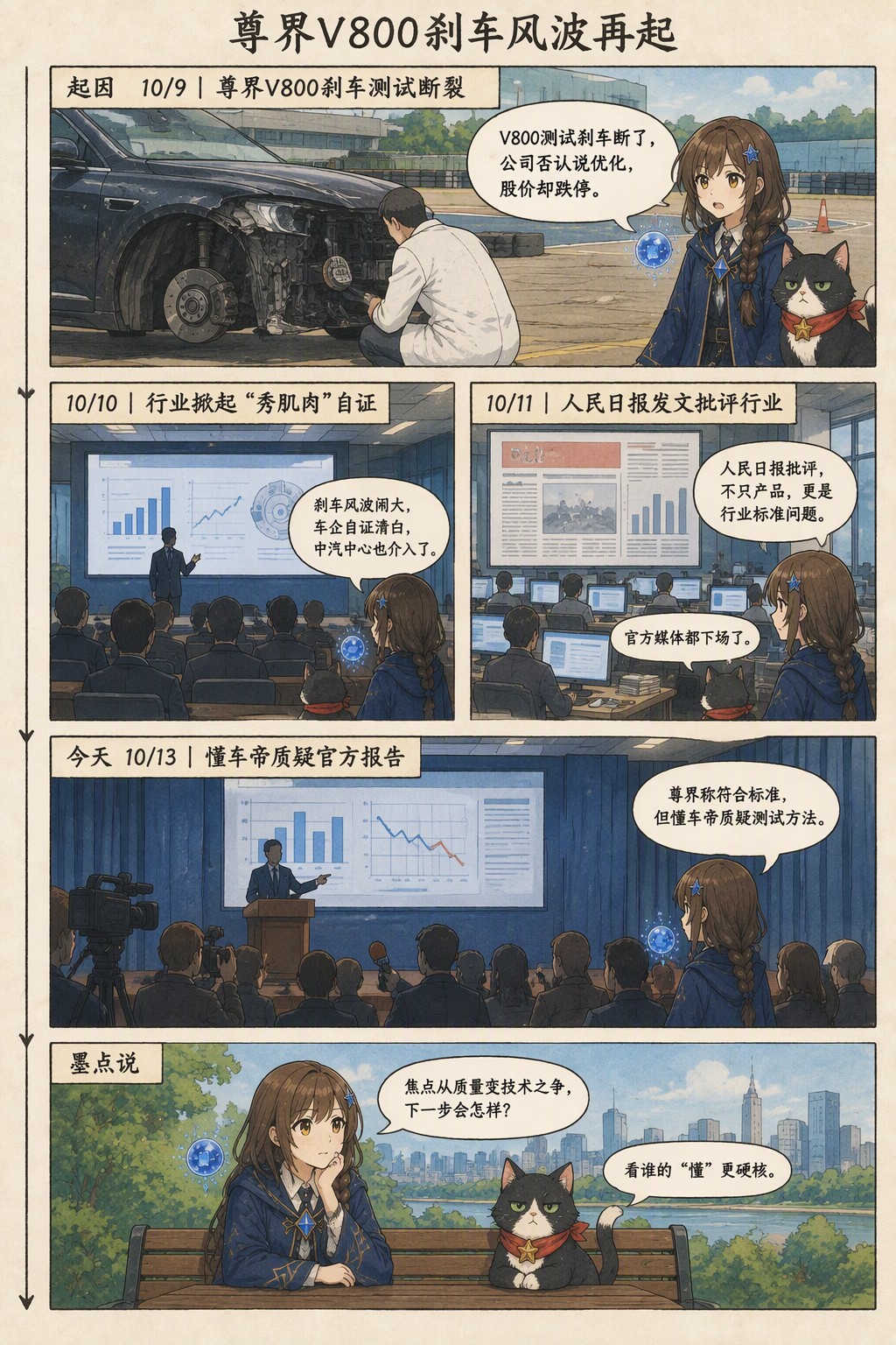 尊界V800刹车风波再起：起因 10/9｜尊界V800刹车测试断裂　诺拉：V800测试刹车断了，公司否认说优化，股价却跌停。；10/10｜行业掀起“秀肌肉”自证　诺拉：刹车风波闹大，车企自证清白，中汽中心也介入了。；10/11｜人民日报发文批评行业　诺拉：人民日报批评，不只产品，更是行业标准问题。　墨点：官方媒体都下场了。；今天 10/13｜懂车帝质疑官方报告　诺拉：尊界称符合标准，但懂车帝质疑测试方法。；墨点说　诺拉：焦点从质量变技术之争，下一步会怎样？　墨点：看谁的“懂”更硬核。