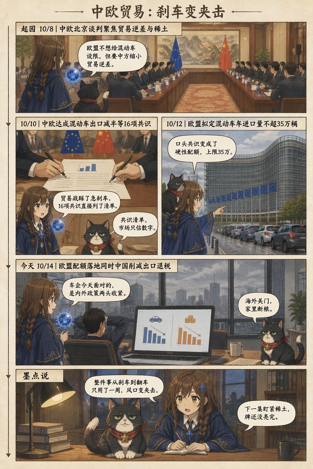 中欧贸易：刹车变夹击：起因 10/8｜中欧北京谈判聚焦贸易逆差与稀土　诺拉：欧盟不想给混动车设限，但要中方缩小贸易逆差。；10/10｜中欧达成混动车出口减半等16项共识　诺拉：贸易战踩了急刹车，16项共识直接列了清单。　墨点：共识清单，市场只信数字。；10/12｜欧盟拟定混动车年进口量不超35万辆　诺拉：口头共识变成了硬性配额，上限35万。；今天 10/14｜欧盟配额落地同时中国削减出口退税　诺拉：车企今天面对的，是内外政策两头收紧。　墨点：海外关门，家里断粮。；墨点说　诺拉：整件事从刹车到翻车只用了一周，风口变夹击。　墨点：下一集盯紧稀土，牌还没亮完。