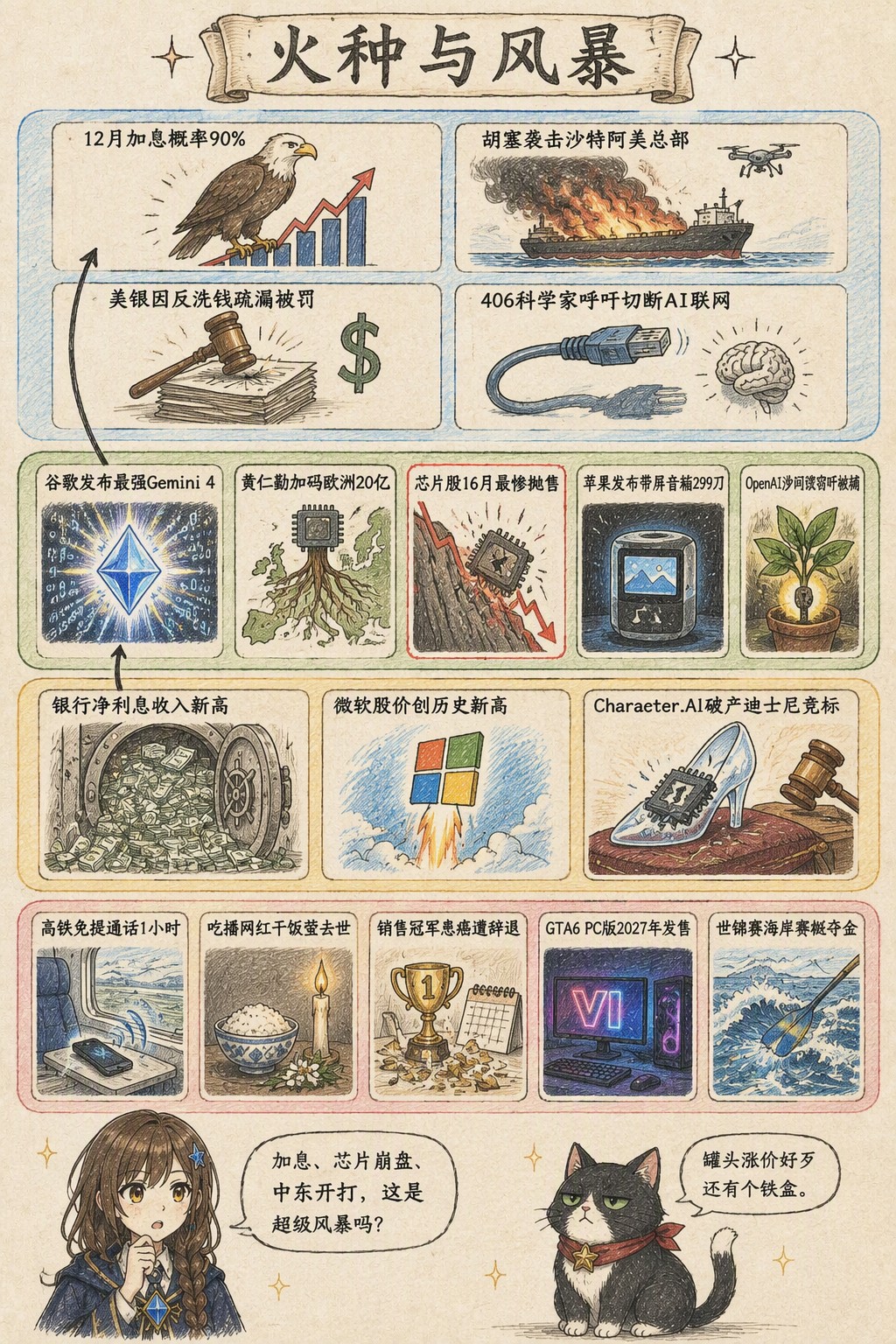 火种与风暴：风向：12月加息概率90% · 胡塞袭击沙特阿美总部 · 美银因反洗钱疏漏被罚 · 406科学家呼吁切断AI联网；产业：谷歌发布最强Gemini 4 · 黄仁勋加码欧洲20亿 · 芯片股16月最惨抛售 · 苹果发布带屏音箱299刀 · OpenAI涉间谍窃听被捕；资金：银行净利息收入新高 · 微软股价创历史新高 · Character.Al破产迪士尼竞标；热搜：高铁免提通话1小时 · 吃播网红干饭莹去世 · 销售冠军患癌遭辞退 · GTA6 PC版2027年发售 · 世锦赛海岸赛艇夺金；诺拉：加息、芯片崩盘、中东开打，这是超级风暴吗？；墨点：罐头涨价好歹还有个铁盒。