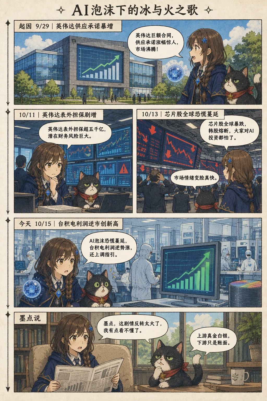 AI泡沫下的冰与火之歌：起因 9/29｜英伟达供应承诺暴增　诺拉：英伟达巨额合同，供应承诺涨幅惊人，市场沸腾！；10/11｜英伟达表外担保剧增　诺拉：英伟达表外担保超五千亿，潜在财务风险巨大。；10/13｜芯片股全球恐慌蔓延　诺拉：芯片股全球暴跌，韩股熔断，大家对AI投资都怕了。　墨点：市场情绪变脸真快。；今天 10/15｜台积电利润逆市创新高　诺拉：AI泡沫恐慌蔓延，台积电利润逆势涨，还上调指引。；墨点说　诺拉：墨点，这剧情反转太大了，我有点看不懂了。　墨点：上游真金白银，下游只是账面。