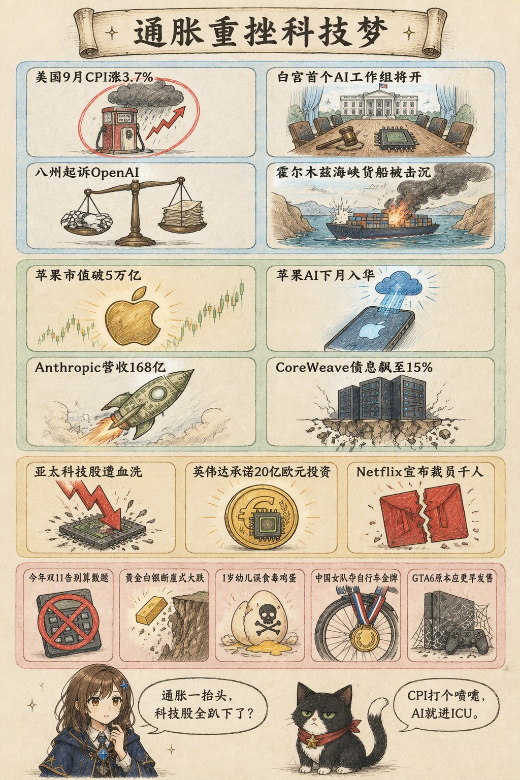 通胀重挫科技梦：风向：美国9月CPI涨3.7% · 白宫首个AI工作组将开 · 八州起诉OpenAI · 霍尔木兹海峡货船被击沉；产业：苹果市值破5万亿 · 苹果AI下月入华 · Anthropic营收168亿 · CoreWeave债息飙至15%；资金：亚太科技股遭血洗 · 英伟达承诺20亿欧元投资 · Netflix宣布裁员千人；热搜：今年双11告别算数题 · 黄金白银断崖式大跌 · 1岁幼儿误食毒鸡蛋 · 中国女队夺自行车金牌 · GTA6原本应更早发售；诺拉：通胀一抬头，科技股全趴下了？；墨点：CPI打个喷嚏，AI就进ICU。