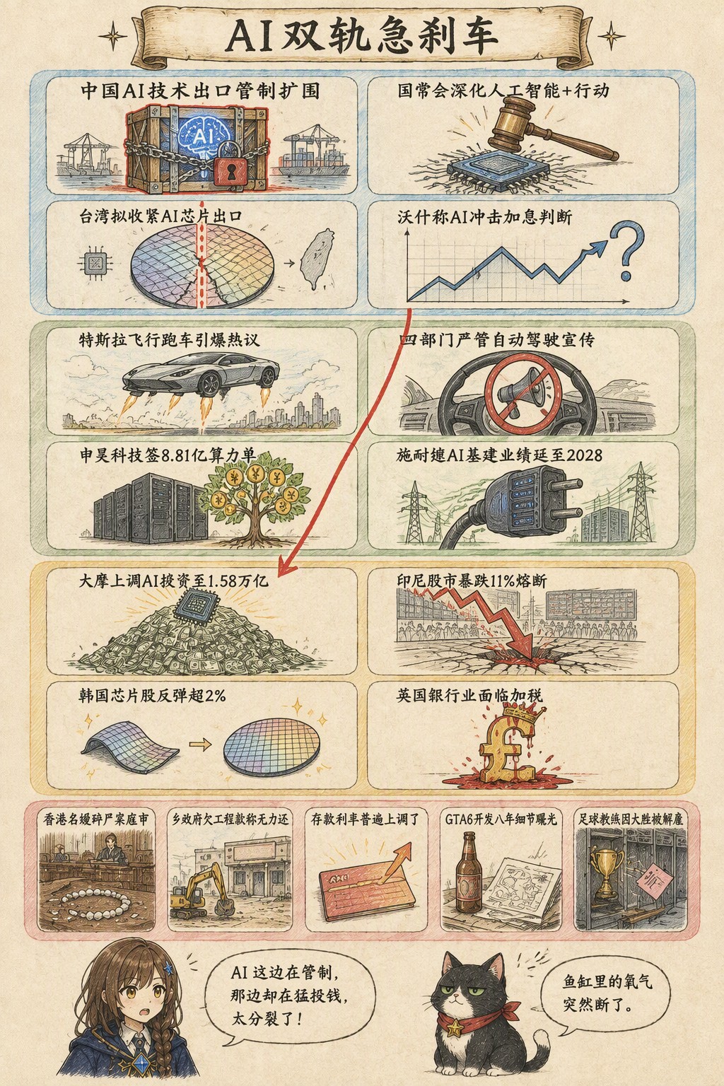 AI双轨急刹车：风向：中国AI技术出口管制扩围 · 国常会深化人工智能+行动 · 台湾拟收紧AI芯片出口 · 沃什称AI冲击加息判断；产业：特斯拉飞行跑车引爆热议 · 四部门严管自动驾驶宣传 · 申昊科技签8.81亿算力单 · 施耐德AI基建业绩延至2028；资金：大摩上调AI投资至1.58万亿 · 印尼股市暴跌11%熔断 · 韩国芯片股反弹超2% · 英国银行业面临加税；热搜：香港名媛碎尸案庭审 · 乡政府欠工程款称无力还 · 存款利率普遍上调了 · GTA6开发八年细节曝光 · 足球教练因大胜被解雇；诺拉：AI 这边在管制，那边却在猛投钱，太分裂了！；墨点：鱼缸里的氧气突然断了。
