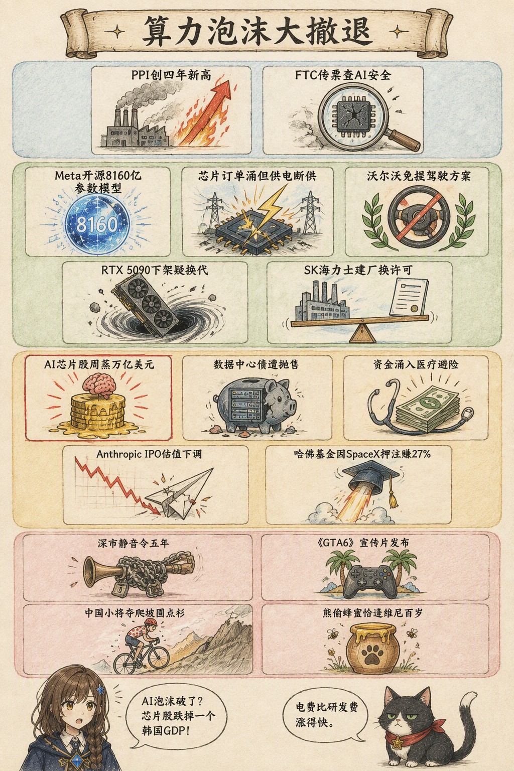 算力泡沫大撤退：风向：PPI创四年新高 · FTC传票查AI安全；产业：Meta开源8160亿参数模型 · 芯片订单涌但供电断供 · 沃尔沃免提驾驶方案 · RTX 5090下架疑换代 · SK海力士建厂换许可；资金：AI芯片股周蒸万亿美元 · 数据中心债遭抛售 · 资金涌入医疗避险 · Anthropic IPO估值下调 · 哈佛基金因SpaceX押注赚27%；热搜：深市静音令五年 · 《GTA6》宣传片发布 · 中国小将夺爬坡圆点衫 · 熊偷蜂蜜恰逢维尼百岁；诺拉：AI泡沫破了？芯片股跌掉一个韩国GDP！；墨点：电费比研发费涨得快。