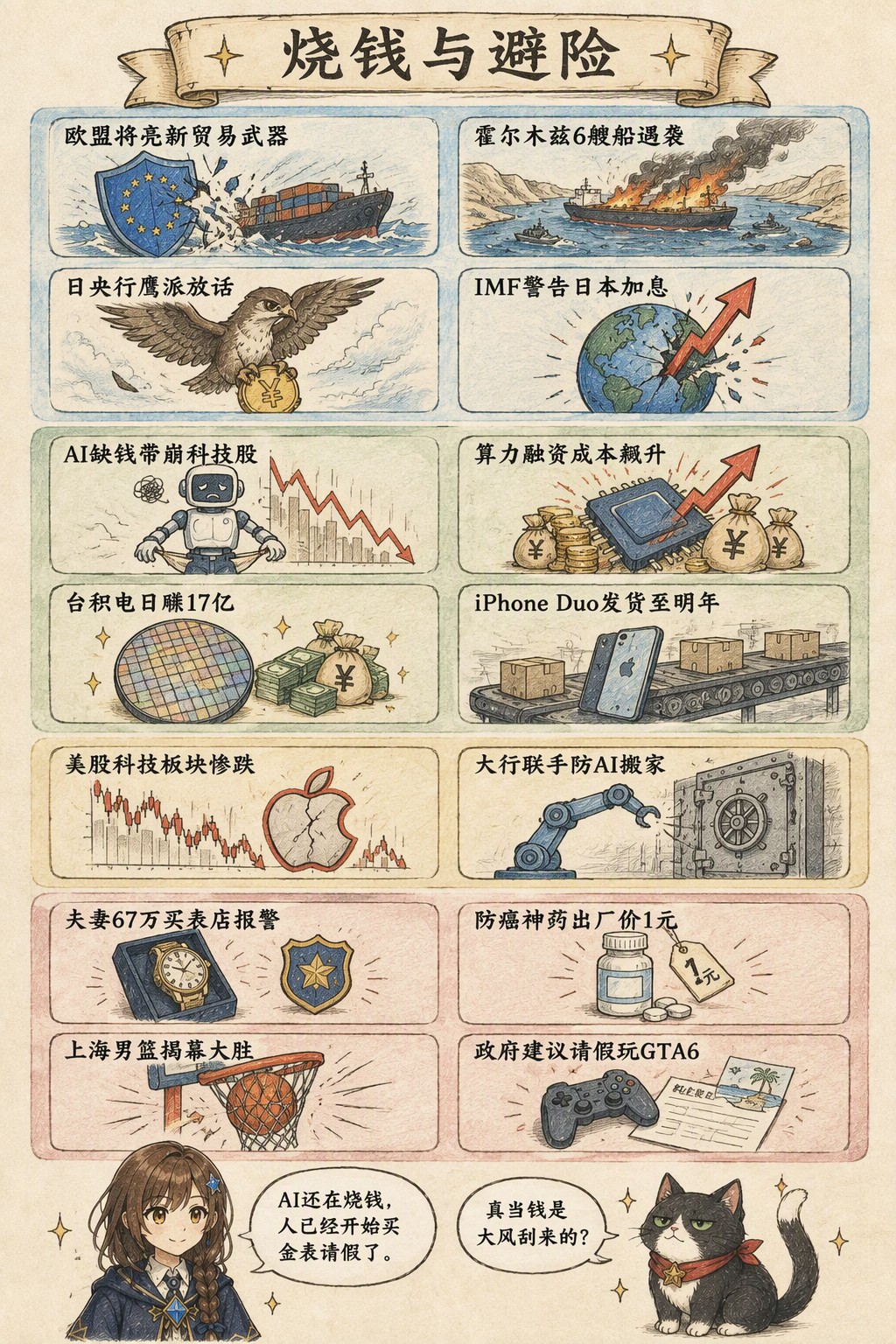 烧钱与避险：风向：欧盟将亮新贸易武器 · 霍尔木兹6艘船遇袭 · 日央行鹰派放话 · IMF警告日本加息；产业：AI缺钱带崩科技股 · 算力融资成本飙升 · 台积电日赚17亿 · iPhone Duo发货至明年；资金：美股科技板块惨跌 · 大行联手防AI搬家；热搜：夫妻67万买表店报警 · 防癌神药出厂价1元 · 上海男篮揭幕大胜 · 政府建议请假玩GTA6；诺拉：AI还在烧钱，人已经开始买金表请假了。；墨点：真当钱是大风刮来的？