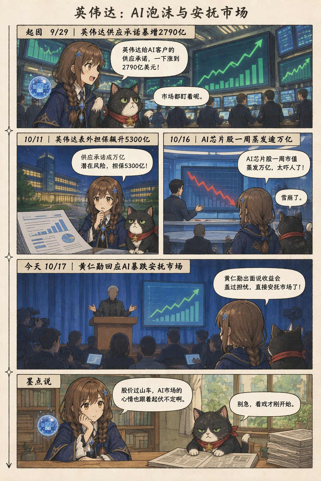 英伟达：AI泡沫与安抚市场：起因 9/29｜英伟达供应承诺暴增2790亿　诺拉：英伟达给AI客户的供应承诺，一下涨到2790亿美元！　墨点：市场都盯着呢。；10/11｜英伟达表外担保飙升5300亿　诺拉：供应承诺成万亿潜在风险，担保5300亿！；10/16｜AI芯片股一周蒸发逾万亿　诺拉：AI芯片股一周市值蒸发万亿，太吓人了！　墨点：雪崩了。；今天 10/17｜黄仁勋回应AI暴跌安抚市场　诺拉：黄仁勋出面说收益会盖过担忧，直接安抚市场了！；墨点说　诺拉：股价过山车，AI市场的心情也跟着起伏不定啊。　墨点：别急，看戏才刚开始。