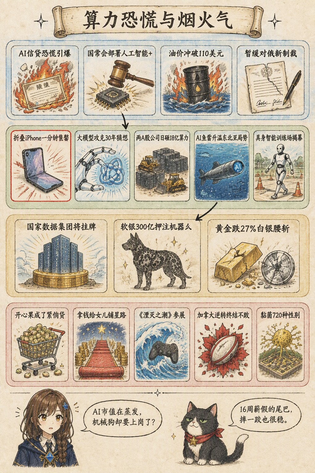 算力恐慌与烟火气：风向：AI信贷恐慌引爆 · 国常会部署人工智能+ · 油价冲破110美元 · 暂缓对俄新制裁；产业：折叠iPhone一分钟售罄 · 大模型攻克30年猜想 · 两A股公司日砸18亿算力 · AI鱼雷升温东北亚局势 · 具身智能训练场揭幕；资金：国家数据集团将挂牌 · 软银300亿押注机器人 · 黄金跌27%白银腰斩；热搜：开心果成了紧俏货 · 拿钱给女儿铺星路 · 《湮灭之潮》参展 · 加拿大逆转终结不败 · 黏菌720种性别；诺拉：AI市值在蒸发，机械狗却要上岗了？；墨点：16周薪假的尾巴，摔一跤也很稳。