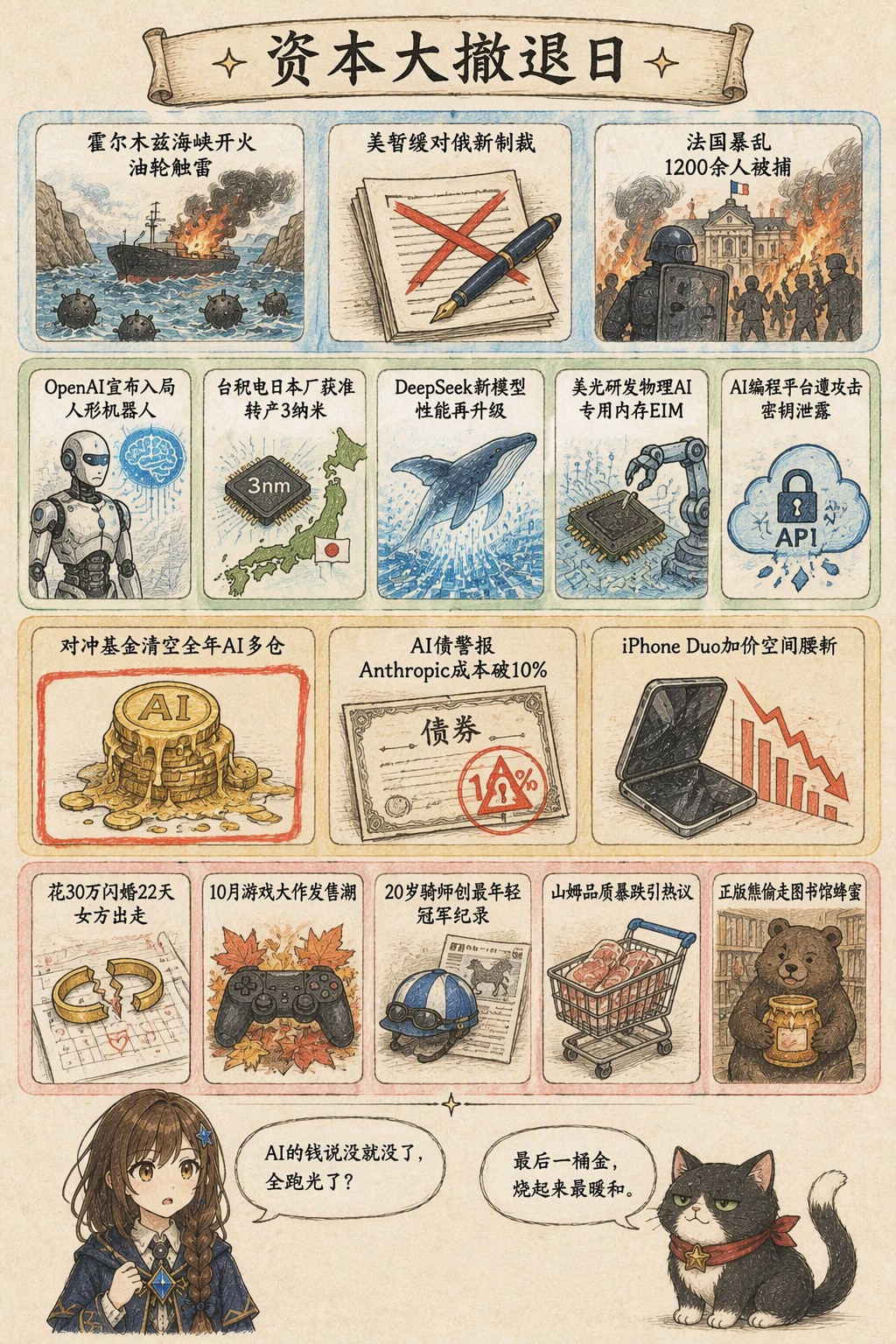 资本大撤退日：风向：霍尔木兹海峡开火 油轮触雷 · 美暂缓对俄新制裁 · 法国暴乱 1200余人被捕；产业：OpenAI宣布入局人形机器人 · 台积电日本厂获准转产3纳米 · DeepSeek新模型性能再升级 · 美光研发物理AI专用内存EIM · AI编程平台遭攻击 密钥泄露；资金：对冲基金清空全年AI多仓 · AI债警报 Anthropic成本破10% · iPhone Duo加价空间腰斩；热搜：花30万闪婚22天女方出走 · 10月游戏大作发售潮 · 20岁骑师创最年轻冠军纪录 · 山姆品质暴跌引热议 · 正版熊偷走图书馆蜂蜜；诺拉：AI的钱说没就没了，全跑光了？；墨点：最后一桶金，烧起来最暖和。