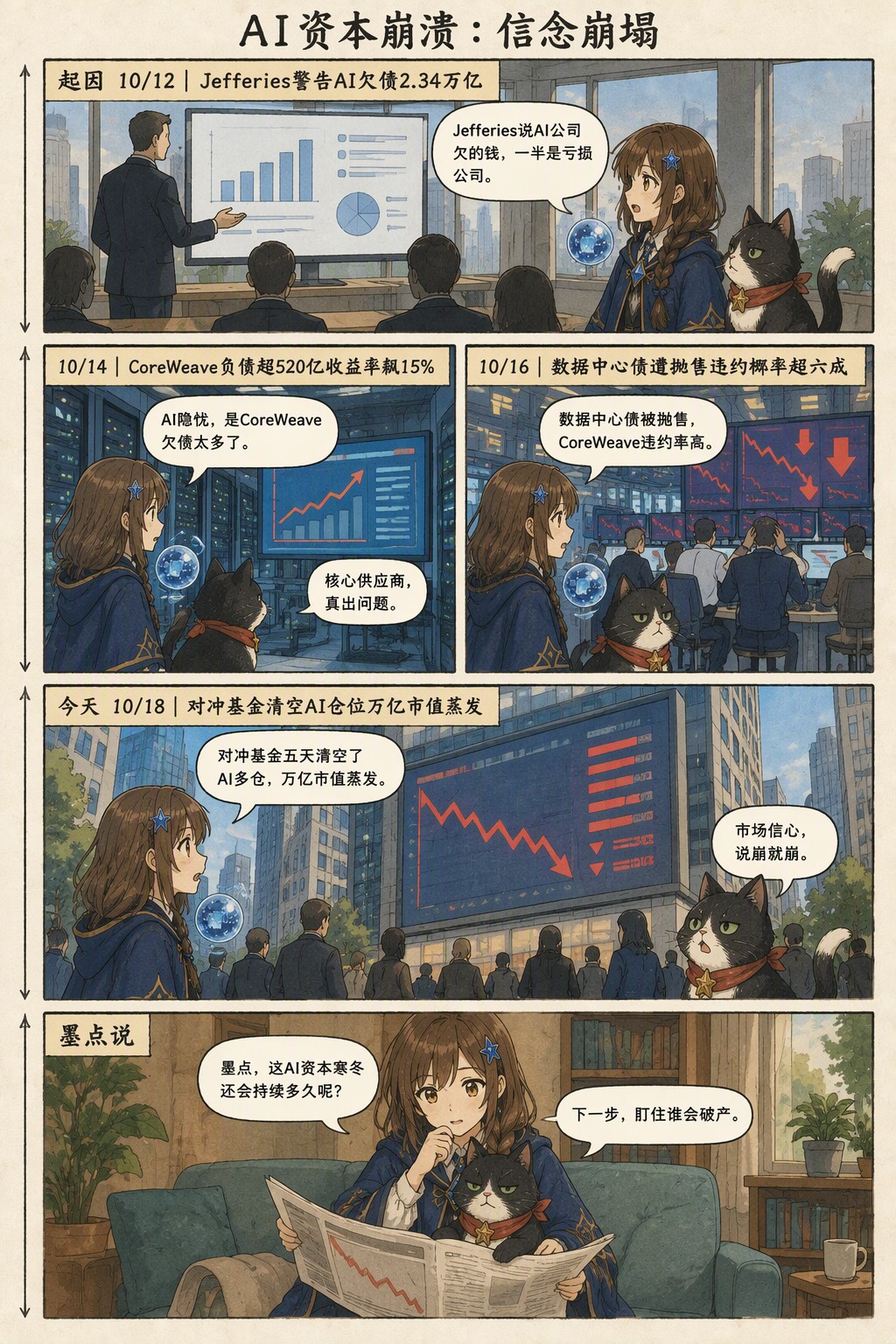 AI资本崩溃：信念崩塌：起因 10/12｜Jefferies警告AI欠债2.34万亿　诺拉：Jefferies说AI公司欠的钱，一半是亏损公司。；10/14｜CoreWeave负债超520亿收益率飙15%　诺拉：AI隐忧，是CoreWeave欠债太多了。　墨点：核心供应商，真出问题。；10/16｜数据中心债遭抛售违约概率超六成　诺拉：数据中心债被抛售，CoreWeave违约率高。；今天 10/18｜对冲基金清空AI仓位万亿市值蒸发　诺拉：对冲基金五天清空了AI多仓，万亿市值蒸发。　墨点：市场信心，说崩就崩。；墨点说　诺拉：墨点，这AI资本寒冬还会持续多久呢？　墨点：下一步，盯住谁会破产。
