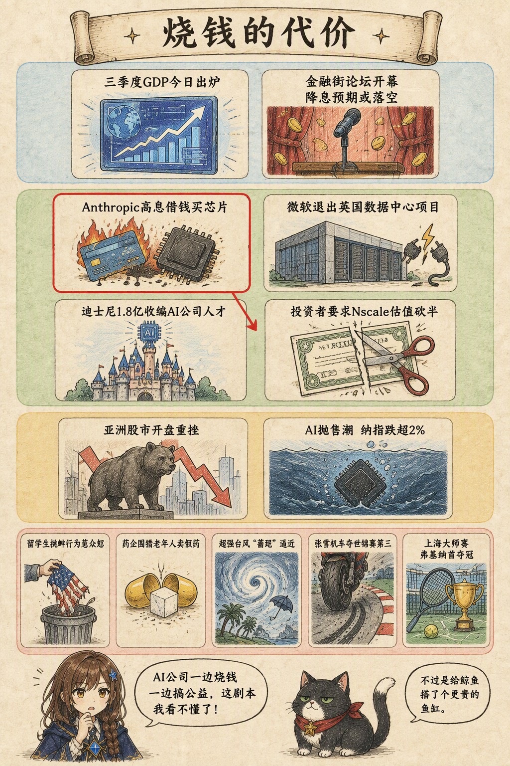烧钱的代价：风向：三季度GDP今日出炉 · 金融街论坛开幕 降息预期或落空；产业：Anthropic高息借钱买芯片 · 微软退出英国数据中心项目 · 迪士尼1.8亿收编AI公司人才 · 投资者要求Nscale估值砍半；资金：亚洲股市开盘重挫 · AI抛售潮 纳指跌超2%；热搜：留学生挑衅行为惹众怒 · 药企围猎老年人卖假药 · 超强台风“蔷琵”逼近 · 张雪机车夺世锦赛第三 · 上海大师赛 弗基纳首夺冠；诺拉：AI公司一边烧钱一边搞公益，这剧本我看不懂了！；墨点：不过是给鲸鱼搭了个更贵的鱼缸。