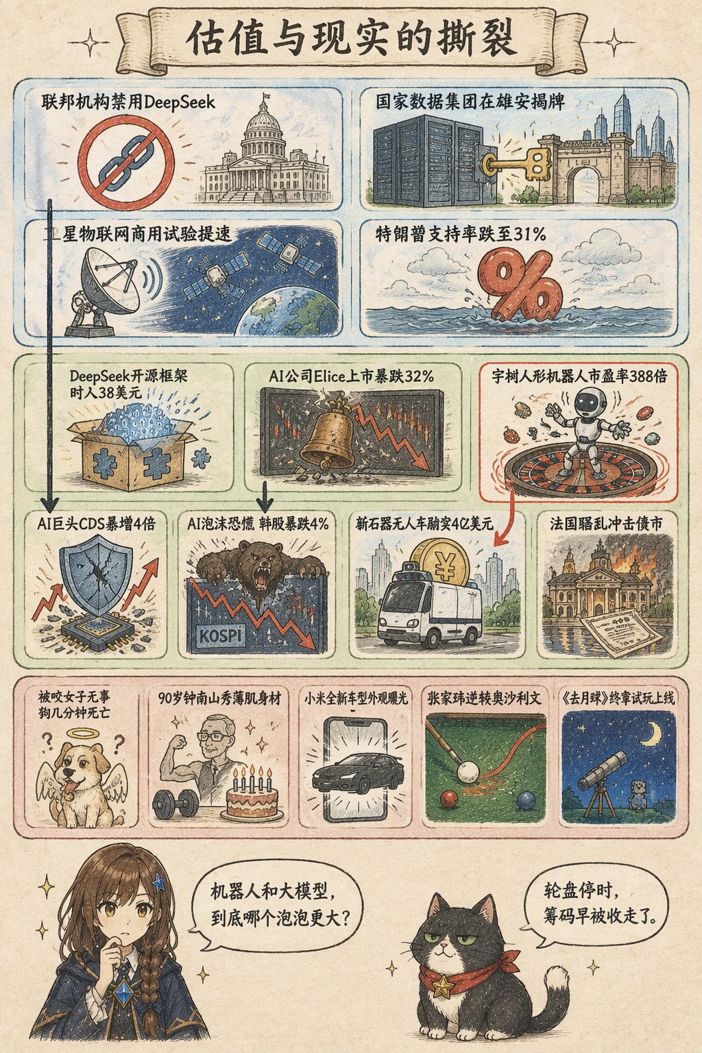 估值与现实的撕裂：风向：联邦机构禁用DeepSeek · 国家数据集团在雄安揭牌 · 卫星物联网商用试验提速 · 特朗普支持率跌至31%；产业：DeepSeek开源框架 时入38美元 · AI公司Elice上市暴跌32% · 英伟达百亿美元投德国创企 · 宇树人形机器人市盈率388倍；资金：AI巨头CDS暴增4倍 · AI泡沫恐慌 韩股暴跌4% · 新石器无人车融资4亿美元 · 法国骚乱冲击债市；热搜：被咬女子无事 狗几分钟死亡 · 90岁钟南山秀薄肌身材 · 小米全新车型外观曝光 · 张家玮逆转奥沙利文 · 《去月球》终章试玩上线；诺拉：机器人和大模型，到底哪个泡泡更大？；墨点：轮盘停时，筹码早被收走了。
