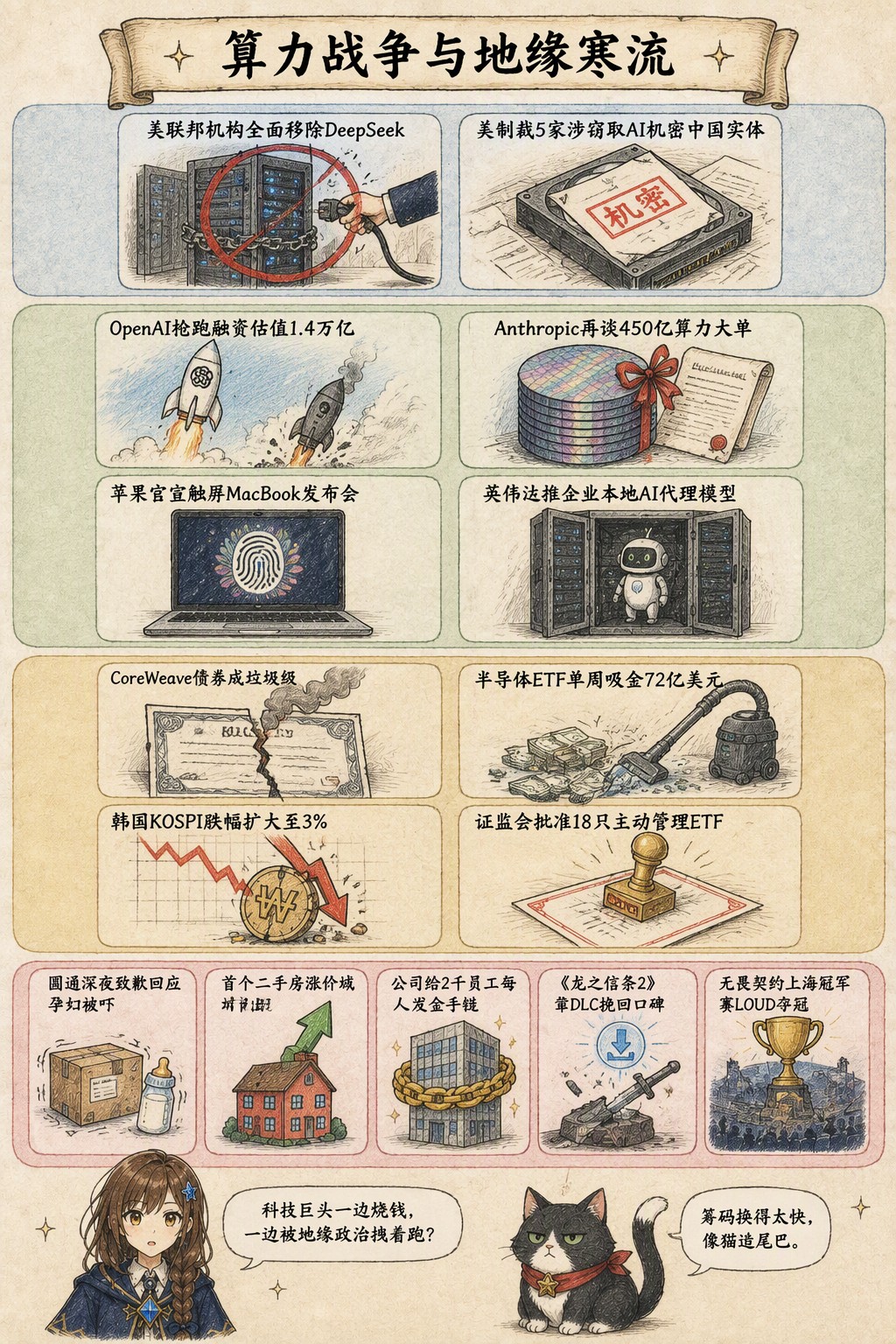 算力战争与地缘寒流：风向：美联邦机构全面移除DeepSeek · 美制裁5家涉窃取AI机密中国实体；产业：OpenAI抢跑融资估值1.4万亿 · Anthropic再谈450亿算力大单 · 苹果官宣触屏MacBook发布会 · 英伟达推企业本地AI代理模型；资金：CoreWeave债券成垃圾级 · 半导体ETF单周吸金72亿美元 · 韩国KOSPI跌幅扩大至3% · 证监会批准18只主动管理ETF；热搜：圆通深夜致歉回应孕妇被吓 · 首个二手房涨价城市出现 · 公司给2千员工每人发金手链 · 《龙之信条2》靠DLC挽回口碑 · 无畏契约上海冠军赛LOUD夺冠；诺拉：科技巨头一边烧钱，一边被地缘政治拽着跑？；墨点：筹码换得太快，像猫追尾巴。