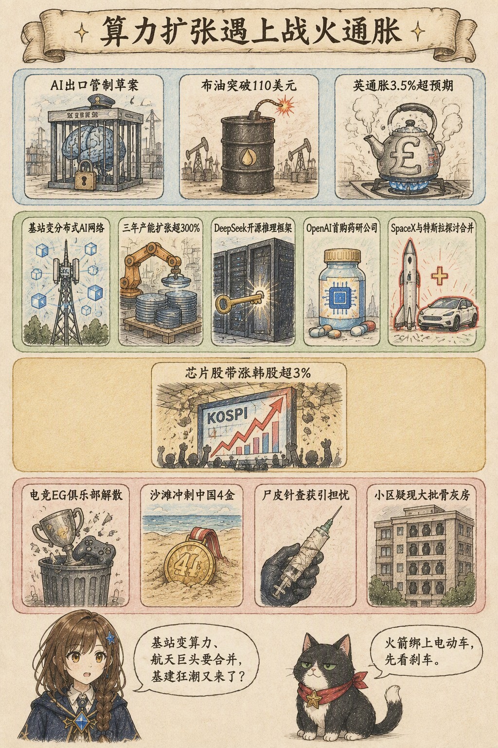 算力扩张遇上战火通胀：风向：AI出口管制草案 · 布油突破110美元 · 英通胀3.5%超预期；产业：基站变分布式AI网络 · 三年产能扩张超300% · DeepSeek开源推理框架 · OpenAI首购药研公司 · SpaceX与特斯拉探讨合并；资金：芯片股带涨韩股超3%；热搜：电竞EG俱乐部解散 · 沙滩冲刺中国4金 · 尸皮针查获引担忧 · 小区疑现大批骨灰房；诺拉：基站变算力、航天巨头要合并，基建狂潮又来了？；墨点：火箭绑上电动车，先看刹车。
