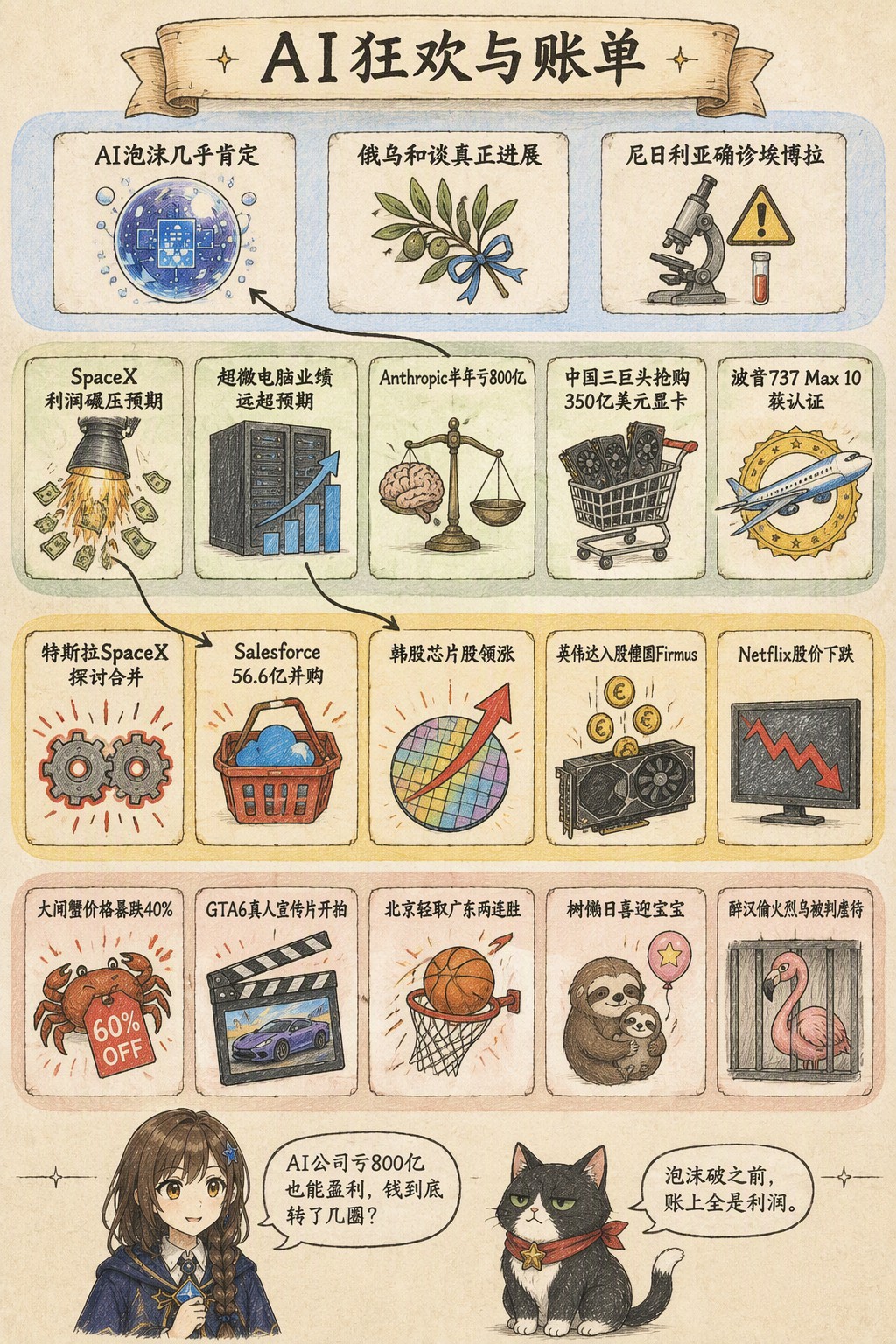 AI狂欢与账单：风向：AI泡沫几乎肯定 · 俄乌和谈真正进展 · 尼日利亚确诊埃博拉；产业：SpaceX 利润碾压预期 · 超微电脑业绩远超预期 · Anthropic半年亏800亿 · 中国三巨头抢购350亿美元显卡 · 波音737 Max 10获认证；资金：特斯拉SpaceX探讨合并 · Salesforce 56.6亿并购 · 韩股芯片股领涨 · 英伟达入股德国Firmus · Netflix股价下跌；热搜：大闸蟹价格暴跌40% · GTA6真人宣传片开拍 · 北京轻取广东两连胜 · 树懒日喜迎宝宝 · 醉汉偷火烈鸟被判虐待；诺拉：AI公司亏800亿也能盈利，钱到底转了几圈？；墨点：泡沫破之前，账上全是利润。