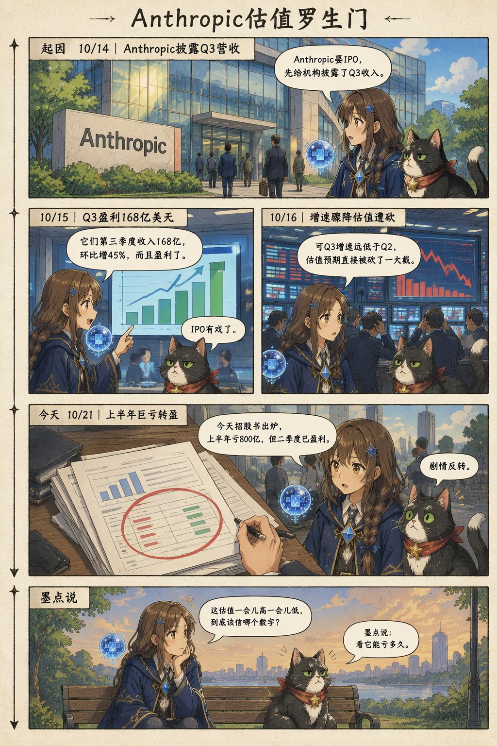 Anthropic估值罗生门：起因 10/14｜Anthropic披露Q3营收　诺拉：Anthropic要IPO，先给机构披露了Q3收入。；10/15｜Q3盈利168亿美元　诺拉：它们第三季度收入168亿，环比增45%，而且盈利了。　墨点：IPO有戏了。；10/16｜增速骤降估值遭砍　诺拉：可Q3增速远低于Q2，估值预期直接被砍了一大截。；今天 10/21｜上半年巨亏转盈　诺拉：今天招股书出炉，上半年亏800亿，但二季度已盈利。　墨点：剧情反转。；墨点说　诺拉：这估值一会儿高一会儿低，到底该信哪个数字？　墨点：墨点说：看它能亏多久。
