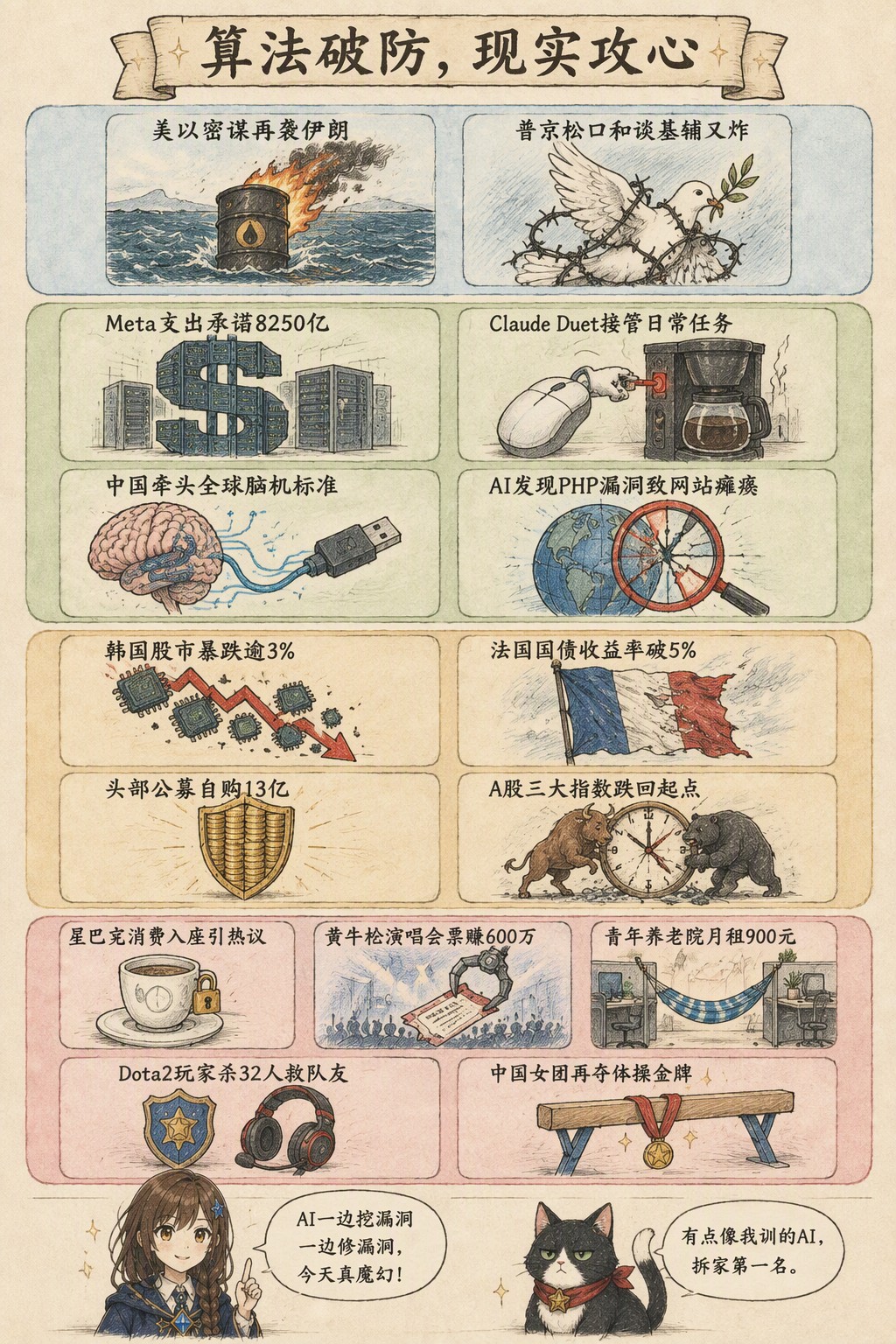 算法破防，现实攻心：风向：美以密谋再袭伊朗 · 普京松口和谈基辅又炸；产业：Meta支出承诺8250亿 · Claude Duet接管日常任务 · 中国牵头全球脑机标准 · AI发现PHP漏洞致网站瘫痪；资金：韩国股市暴跌逾3% · 法国国债收益率破5% · 头部公募自购13亿 · A股三大指数跌回起点；热搜：星巴克消费入座引热议 · 黄牛抢演唱会票赚600万 · 青年养老院月租900元 · Dota2玩家杀32人救队友 · 中国女团再夺体操金牌；诺拉：AI一边挖漏洞一边修漏洞，今天真魔幻！；墨点：有点像我训的AI，拆家第一名。