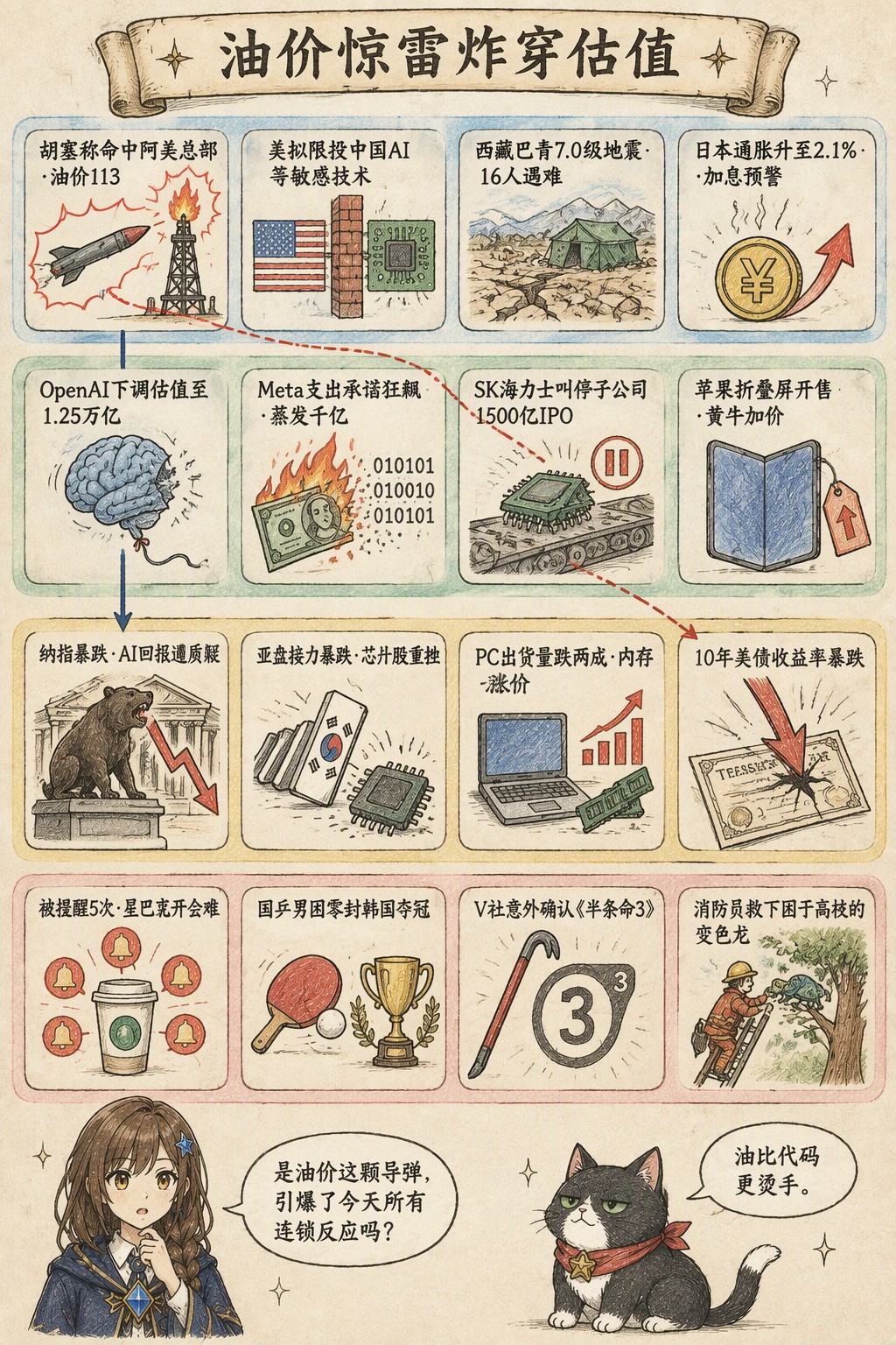 油价惊雷炸穿估值：风向：胡塞称命中阿美总部·油价113 · 美拟限投中国AI等敏感技术 · 西藏巴青7.0级地震·16人遇难 · 日本通胀升至2.1%·加息预警；产业：OpenAI下调估值至1.25万亿 · Meta支出承诺狂飙·蒸发千亿 · SK海力士叫停子公司1500亿IPO · 苹果折叠屏开售·黄牛加价；资金：纳指暴跌·AI回报遭质疑 · 亚盘接力暴跌·芯片股重挫 · PC出货量跌两成·内存涨价 · 10年美债收益率暴跌；热搜：被提醒5次·星巴克开会难 · 国乒男团零封韩国夺冠 · V社意外确认《半条命3》 · 消防员救下困于高枝的变色龙；诺拉：是油价这颗导弹，引爆了今天所有连锁反应吗？；墨点：油比代码更烫手。