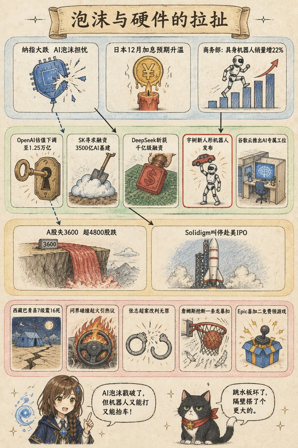 泡沫与硬件的拉扯：风向：纳指大跌 AI泡沫担忧 · 日本12月加息预期升温 · 商务部：具身机器人销量增22%；产业：OpenAI估值下调至1.25万亿 · SK寻求融资3500亿AI基建 · DeepSeek斩获千亿级融资 · 宇树新人形机器人发布 · 谷歌云推出AI专属工位；资金：A股失3600 超4800股跌 · Solidigm叫停赴美IPO；热搜：西藏巴青县7级震16死 · 问界碰撞起火引热议 · 张志超案改判无罪 · 詹姆斯抢断一条龙暴扣 · Epic喜加二免费领游戏；诺拉：AI泡沫戳破了，但机器人又能打又能抬车！；墨点：跳水板坏了，隔壁搭了个更大的。