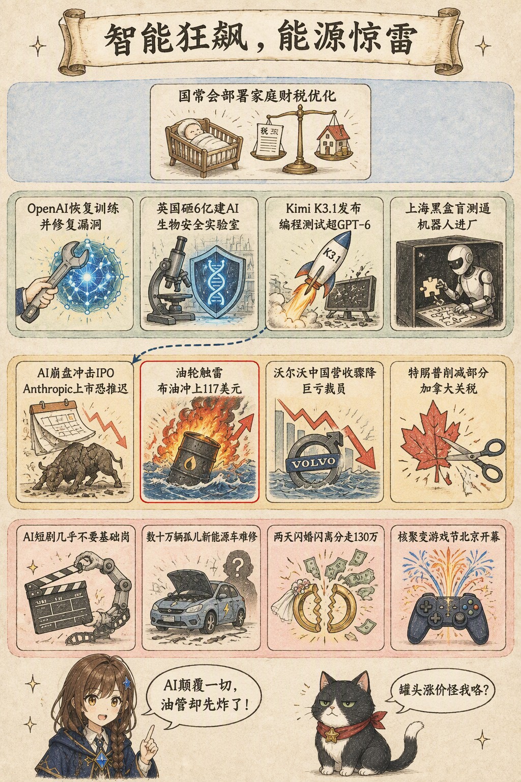 智能狂飙，能源惊雷：风向：国常会部署家庭财税优化；产业：OpenAI恢复训练并修复漏洞 · 英国砸6亿建AI生物安全实验室 · Kimi K3.1发布 编程测试超GPT-6 · 上海黑盒盲测逼机器人进厂；资金：AI崩盘冲击IPO Anthropic上市恐推迟 · 油轮触雷 布油冲上117美元 · 沃尔沃中国营收骤降 巨亏裁员 · 特朗普削减部分加拿大关税；热搜：AI短剧几乎不要基础岗 · 数十万辆孤儿新能源车难修 · 两天闪婚闪离分走130万 · 核聚变游戏节北京开幕；诺拉：AI颠覆一切，油管却先炸了！；墨点：罐头涨价怪我咯？
