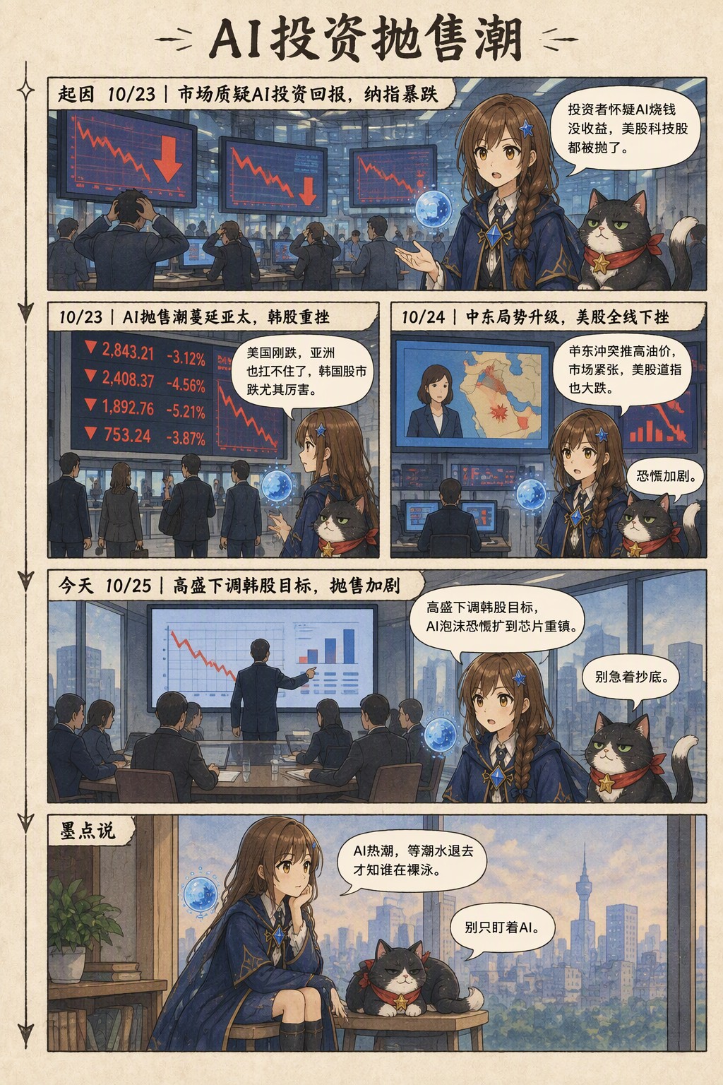 AI投资抛售潮：起因 10/23｜市场质疑AI投资回报，纳指暴跌　诺拉：投资者怀疑AI烧钱没收益，美股科技股都被抛了。；10/23｜AI抛售潮蔓延亚太，韩股重挫　诺拉：美国刚跌，亚洲也扛不住了，韩国股市跌尤其厉害。；10/24｜中东局势升级，美股全线下挫　诺拉：中东冲突推高油价，市场紧张，美股道指也大跌。　墨点：恐慌加剧。；今天 10/25｜高盛下调韩股目标，抛售加剧　诺拉：高盛下调韩股目标，AI泡沫恐慌扩到芯片重镇。　墨点：别急着抄底。；墨点说　诺拉：AI热潮，等潮水退去才知谁在裸泳。　墨点：别只盯着AI。